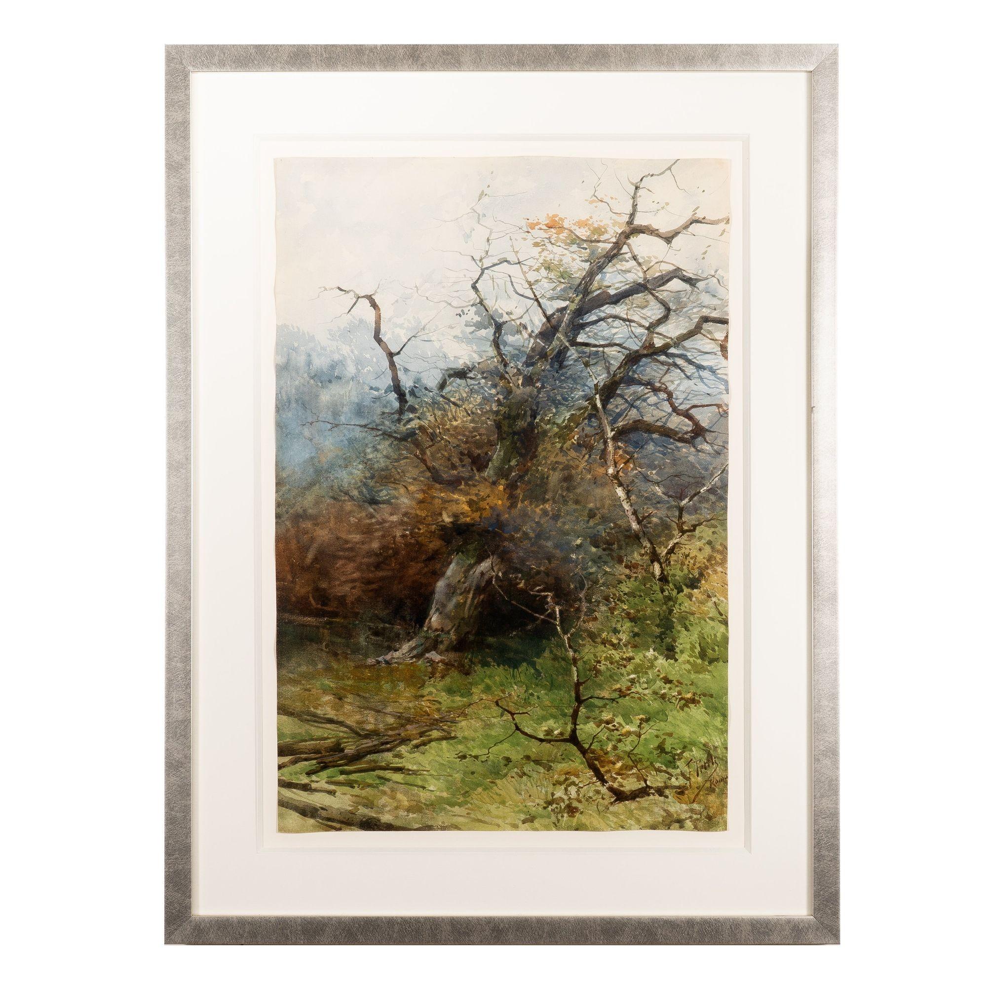Italian Watercolor Forest Landscape by Filiberto Petiti, 1880-1900 For Sale