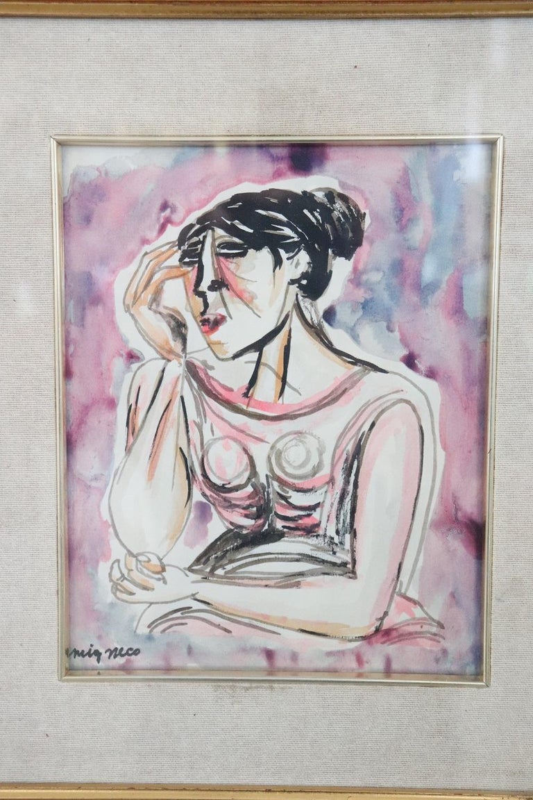 Italian Watercolor on Paper by Migneco Giuseppe, Woman Portrait For Sale at  1stDibs