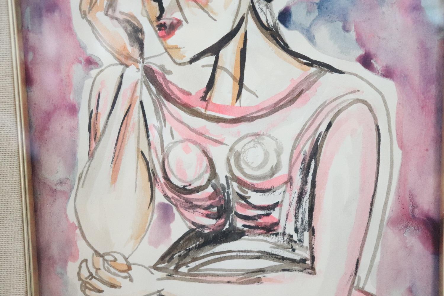 Mid-20th Century Italian Watercolor on Paper by Migneco Giuseppe, Woman Portrait For Sale
