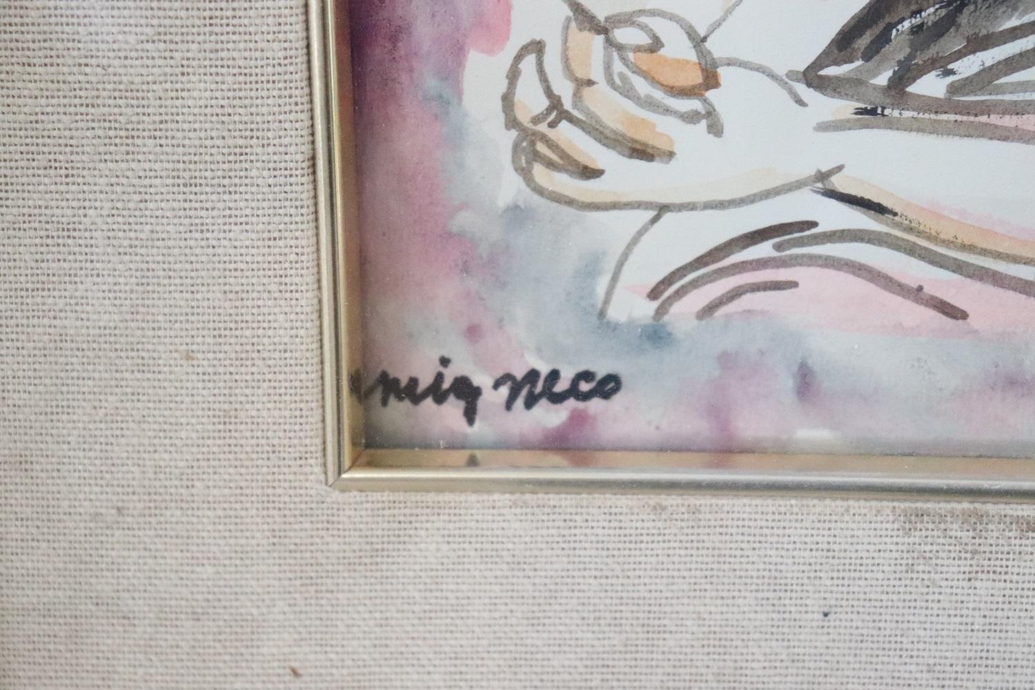 Italian Watercolor on Paper by Migneco Giuseppe, Woman Portrait For Sale 1