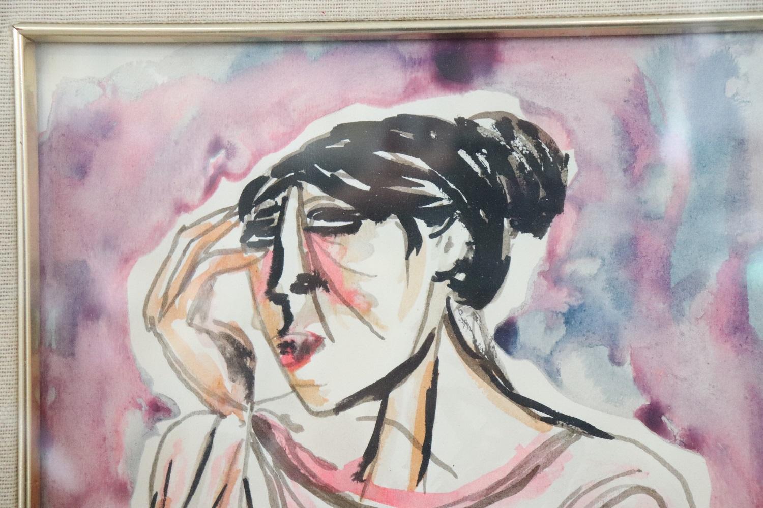 Italian Watercolor on Paper by Migneco Giuseppe, Woman Portrait For Sale 2