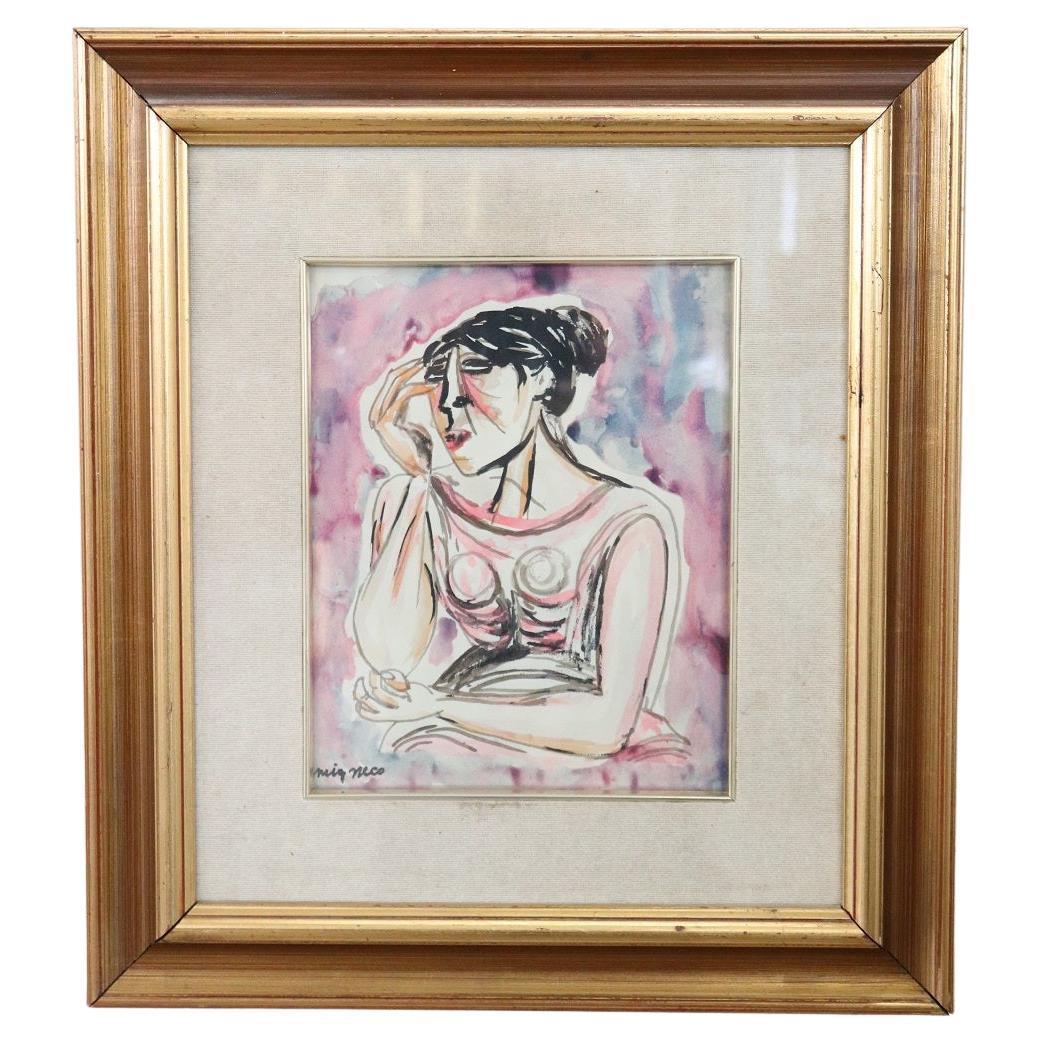 Italian Watercolor on Paper by Migneco Giuseppe, Woman Portrait For Sale