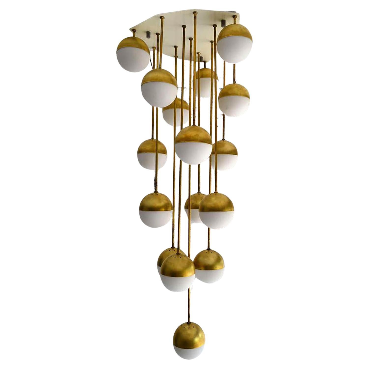 Huge Italian Waterfall Chandelier Eighteen Lights Brass and Opaline Glass