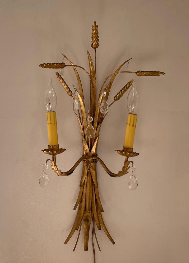  Pair of Italian wheat sconces with crystals. Currently US plug-in wired, could be hard-wired. Timeless and classic pair to add flair to your space. 
