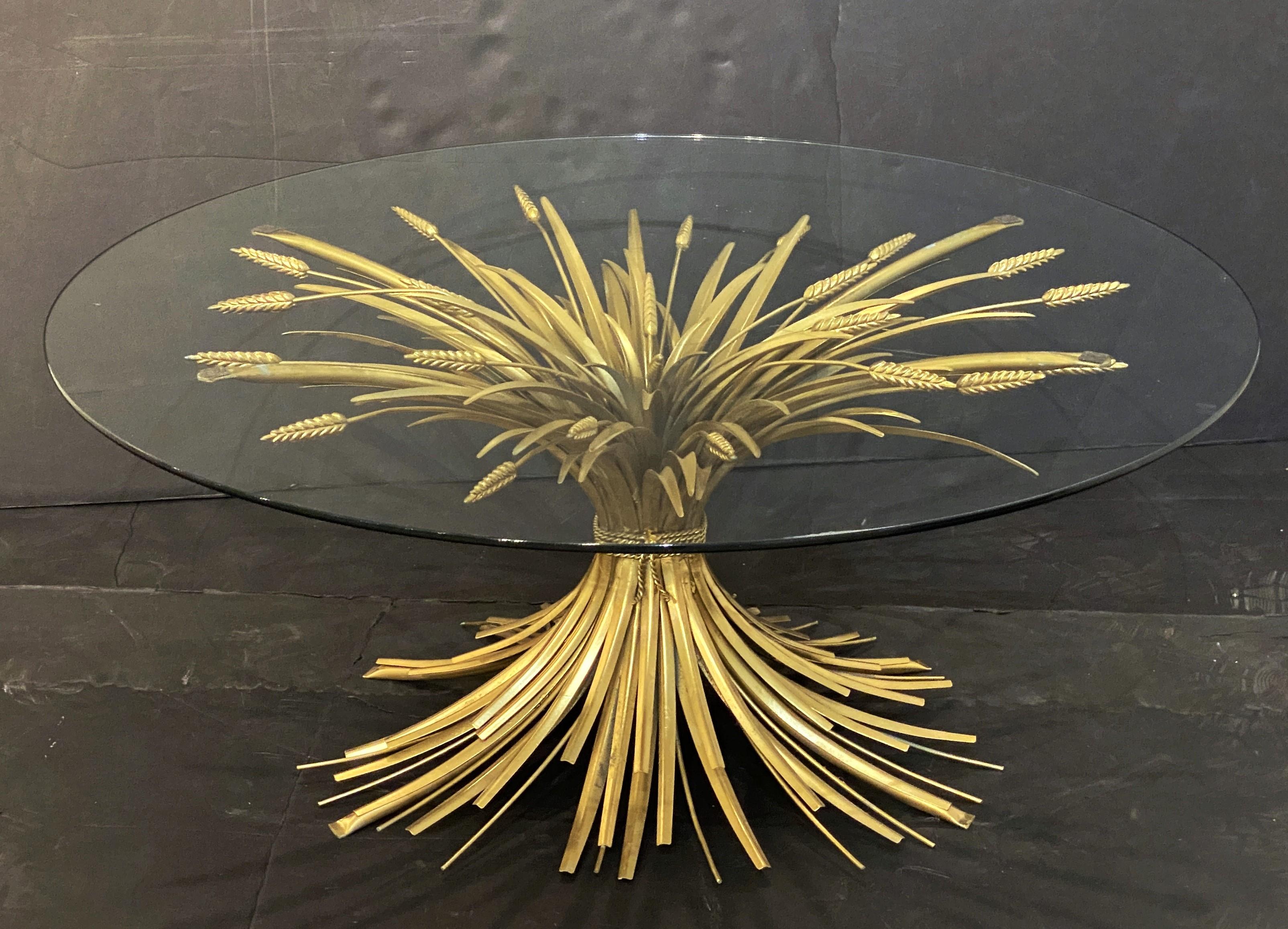 Hollywood Regency Italian Wheat Sheaf Low Table of Gilt Metal with Round Top of Glass