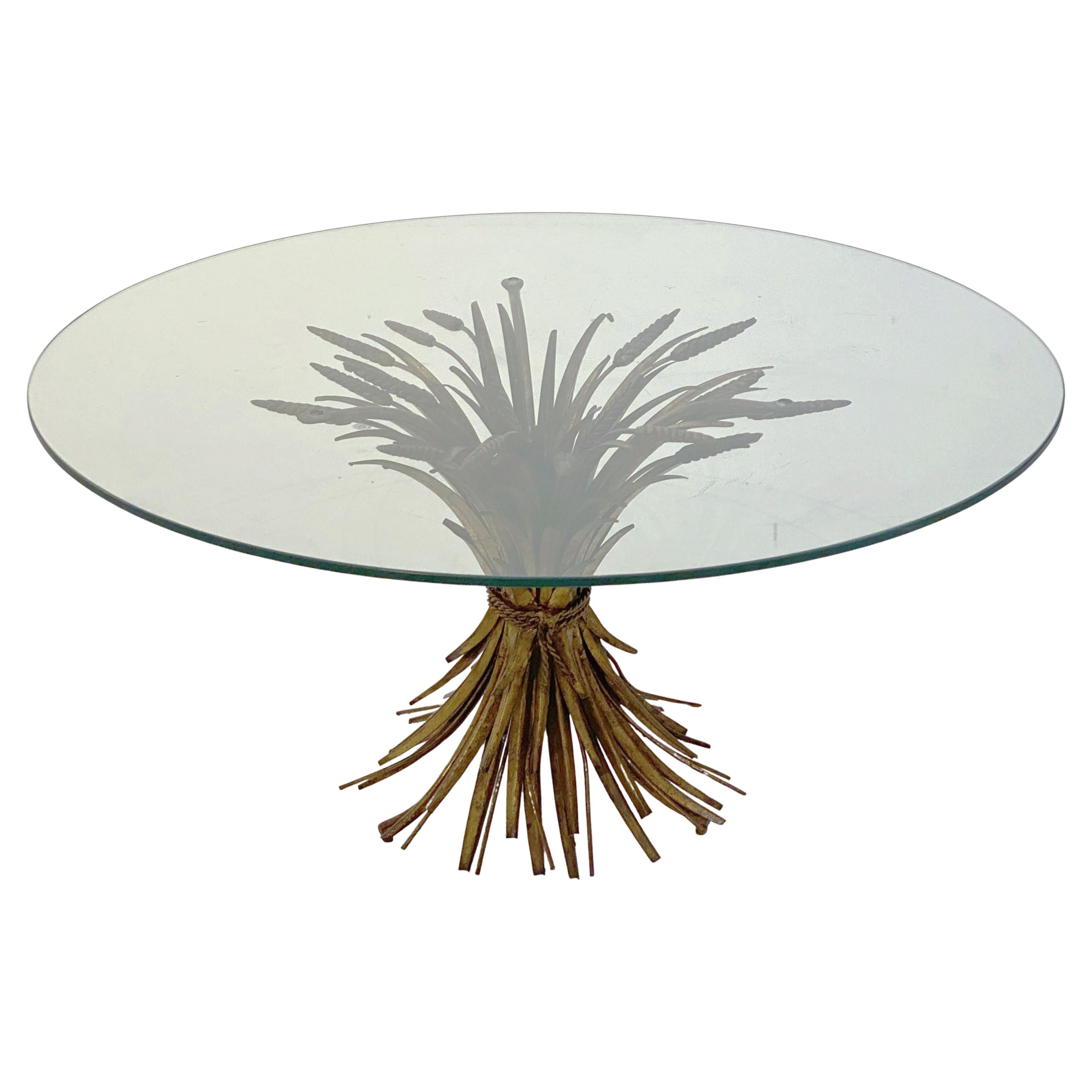 Italian Wheat Sheaf Low Table of Gilt Metal with Round Top of Glass In Good Condition In Austin, TX
