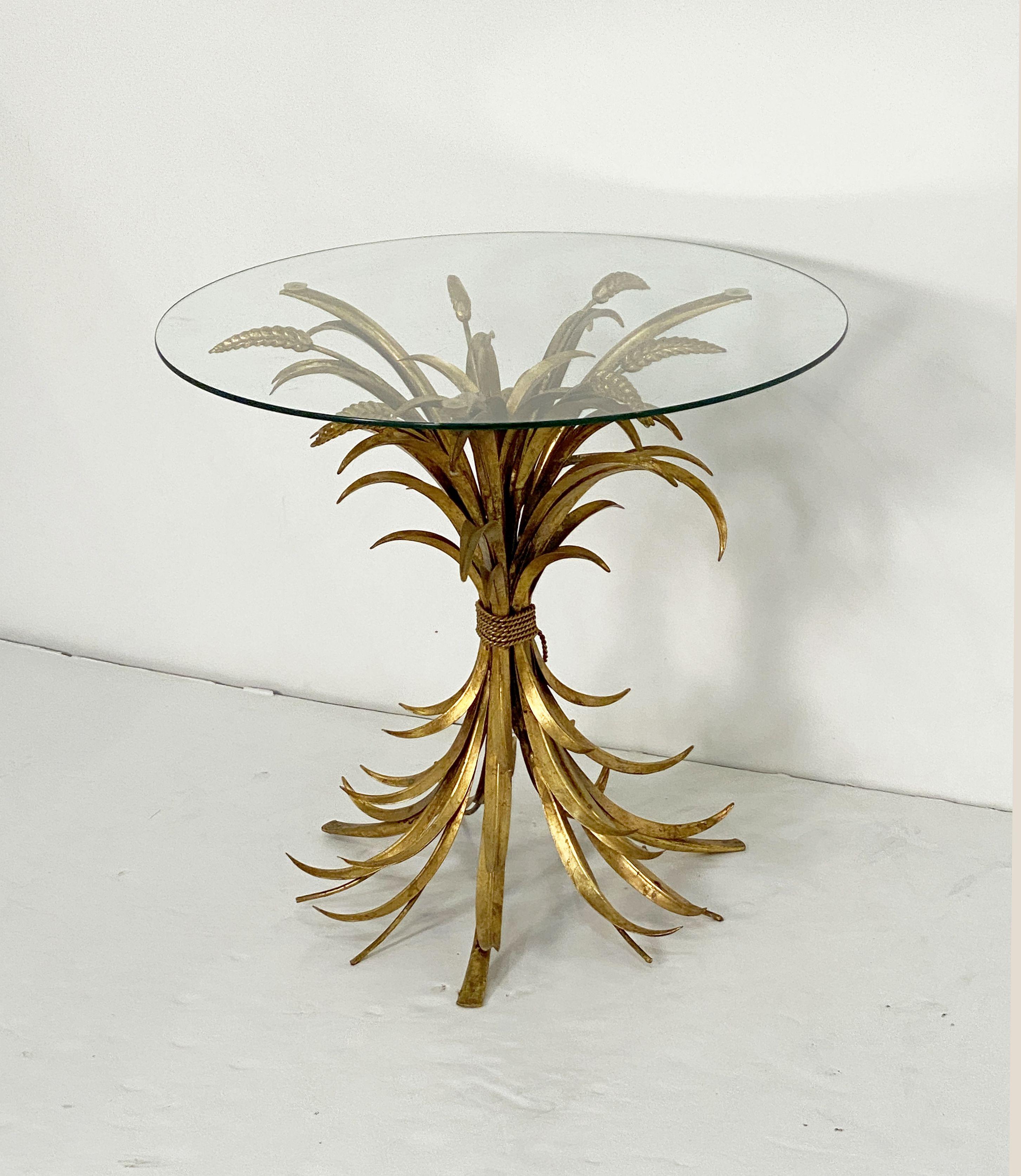20th Century Italian Wheat Sheaf Low Table of Gilt Metal with Round Top of Glass