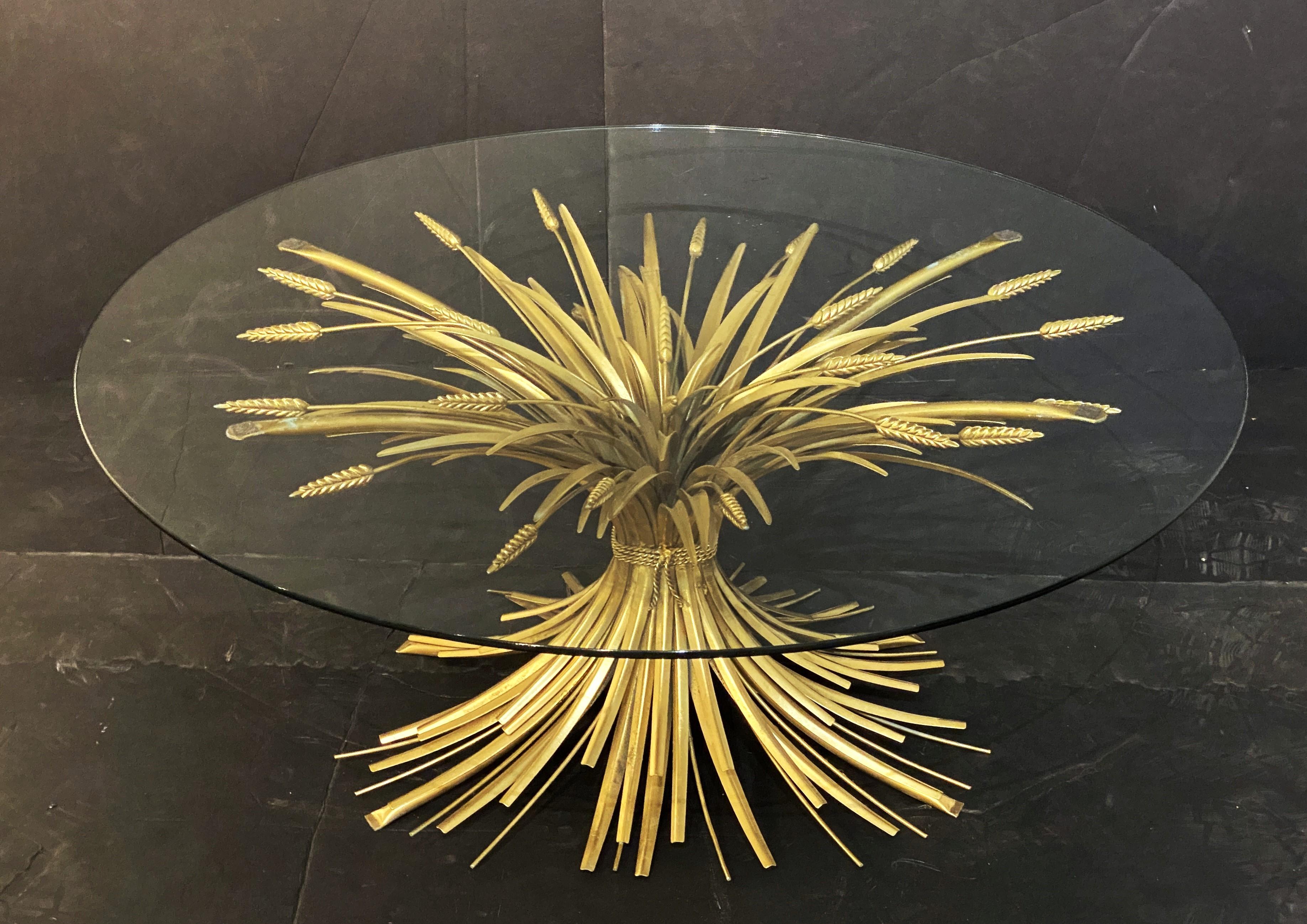 20th Century Italian Wheat Sheaf Low Table of Gilt Metal with Round Top of Glass