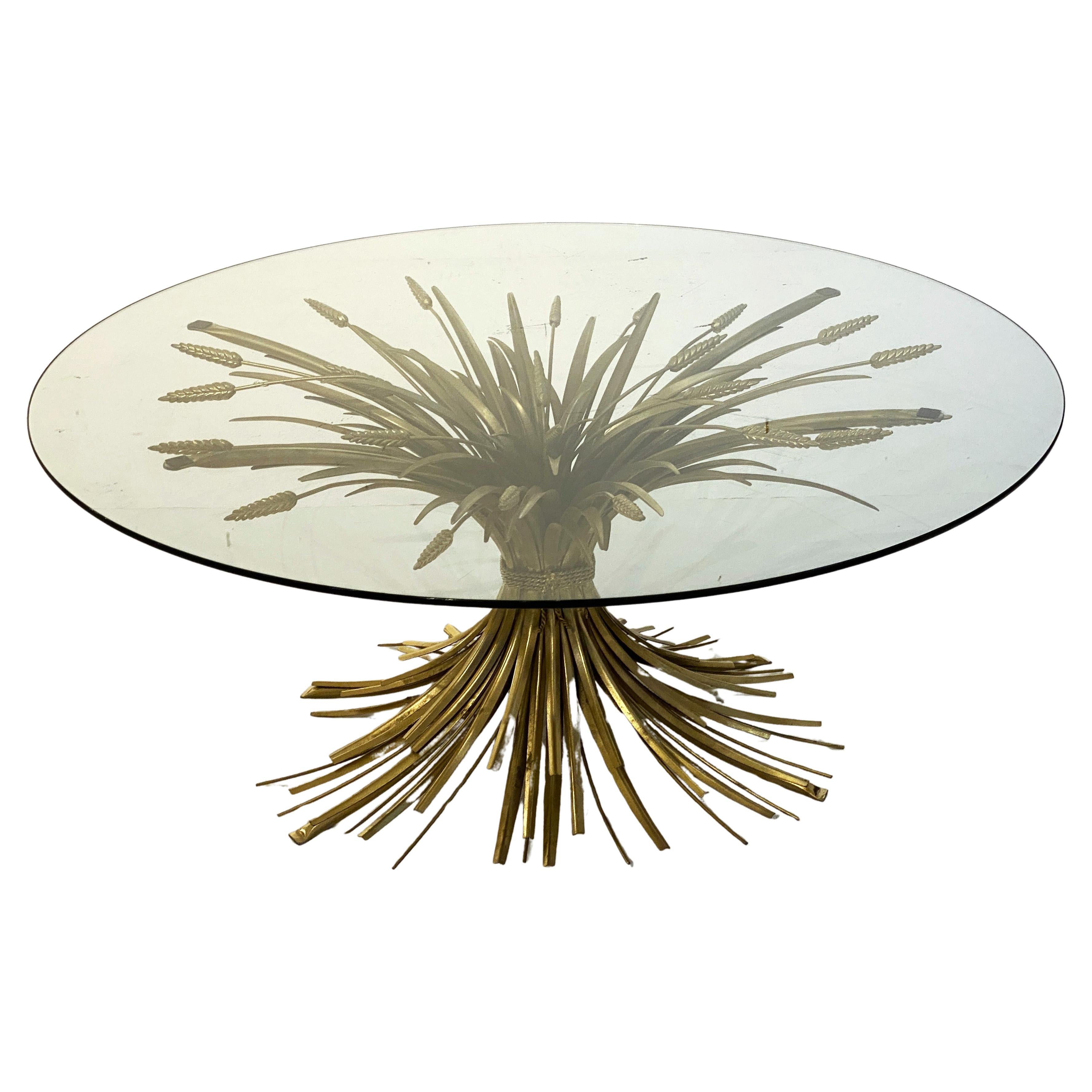 Italian Wheat Sheaf Low Table of Gilt Metal with Round Top of Glass 1