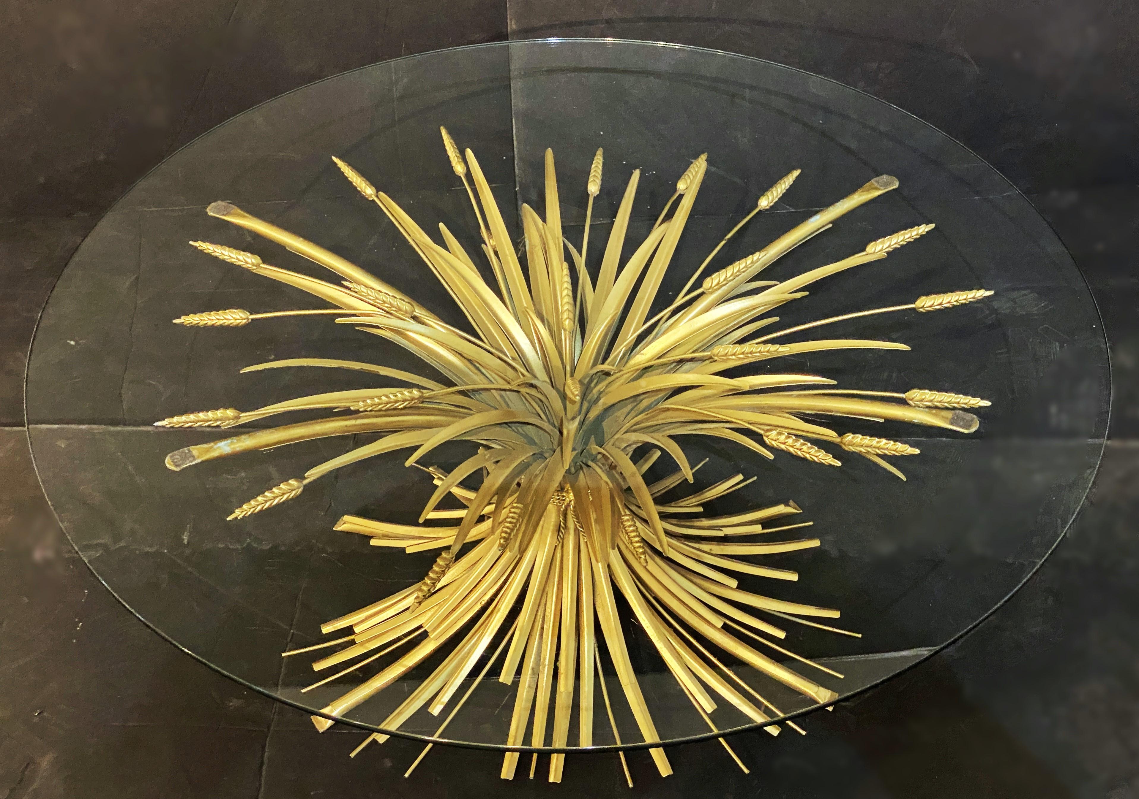 Italian Wheat Sheaf Low Table of Gilt Metal with Round Top of Glass 2