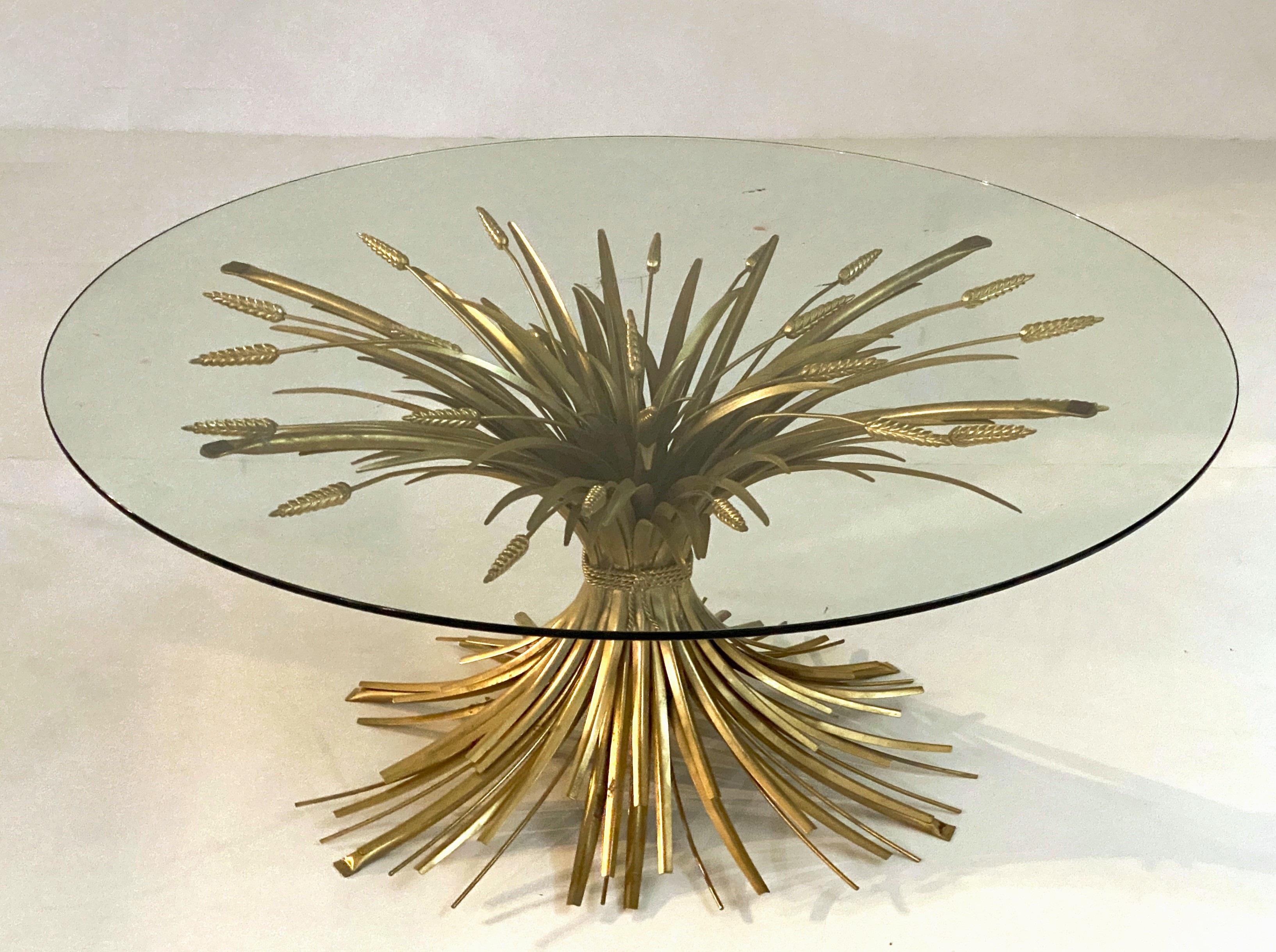 Italian Wheat Sheaf Low Table of Gilt Metal with Round Top of Glass 3