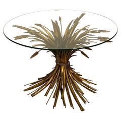 Italian Wheat Sheaf Low Table of Gilt Metal with Round Top of Glass