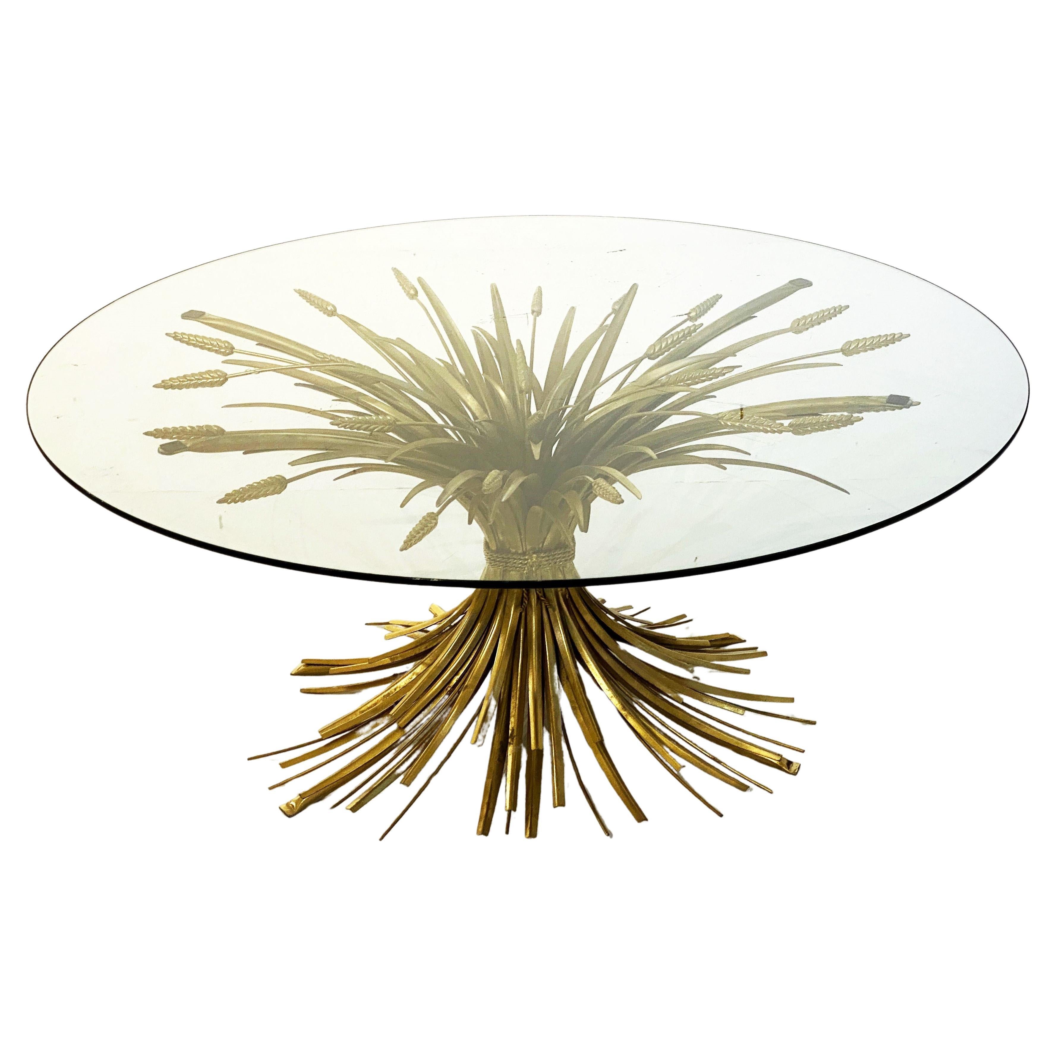 Italian Wheat Sheaf Low Table of Gilt Metal with Round Top of Glass