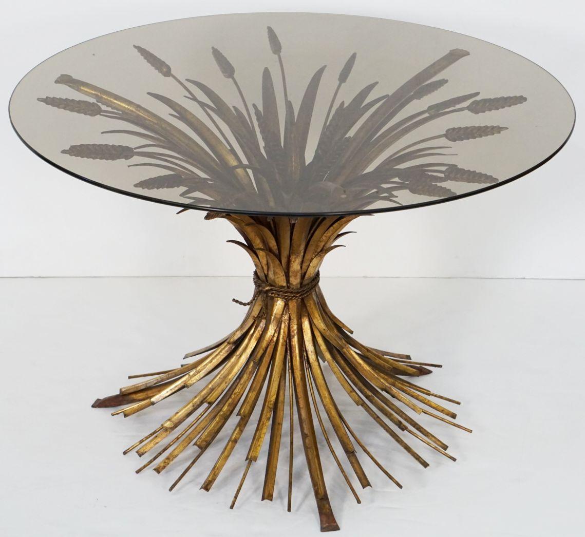 Hollywood Regency Italian Wheat Sheaf Low Table of Gilt Metal with Round Top of Smoked Glass