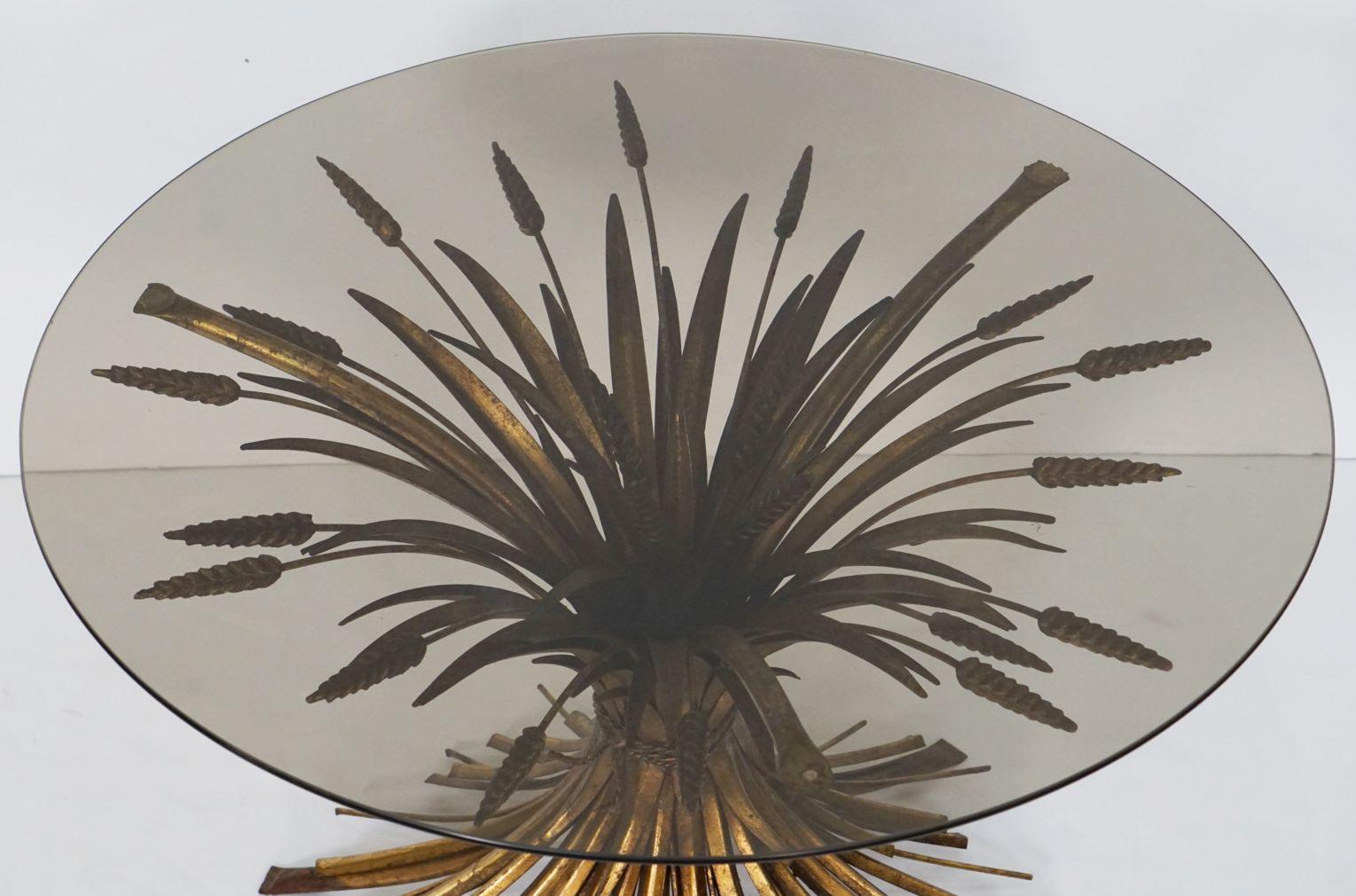 Italian Wheat Sheaf Low Table of Gilt Metal with Round Top of Smoked Glass In Good Condition In Austin, TX