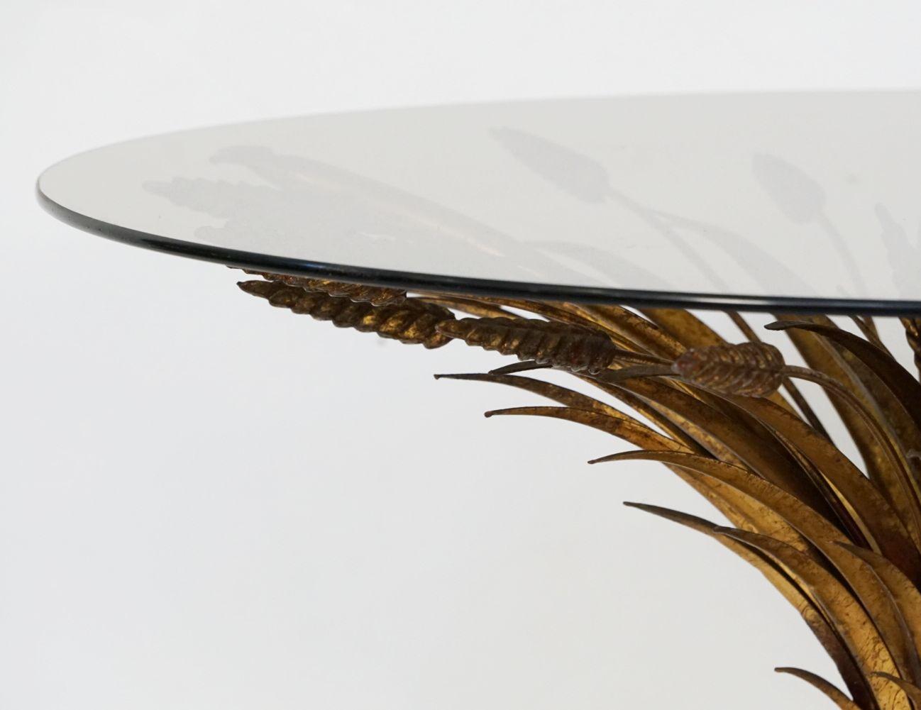 Italian Wheat Sheaf Low Table of Gilt Metal with Round Top of Smoked Glass 2