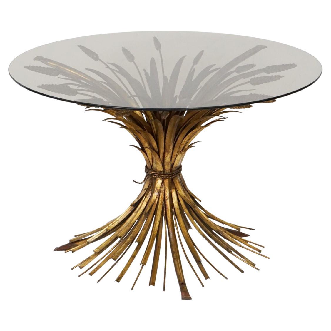 Italian Wheat Sheaf Low Table of Gilt Metal with Round Top of Smoked Glass