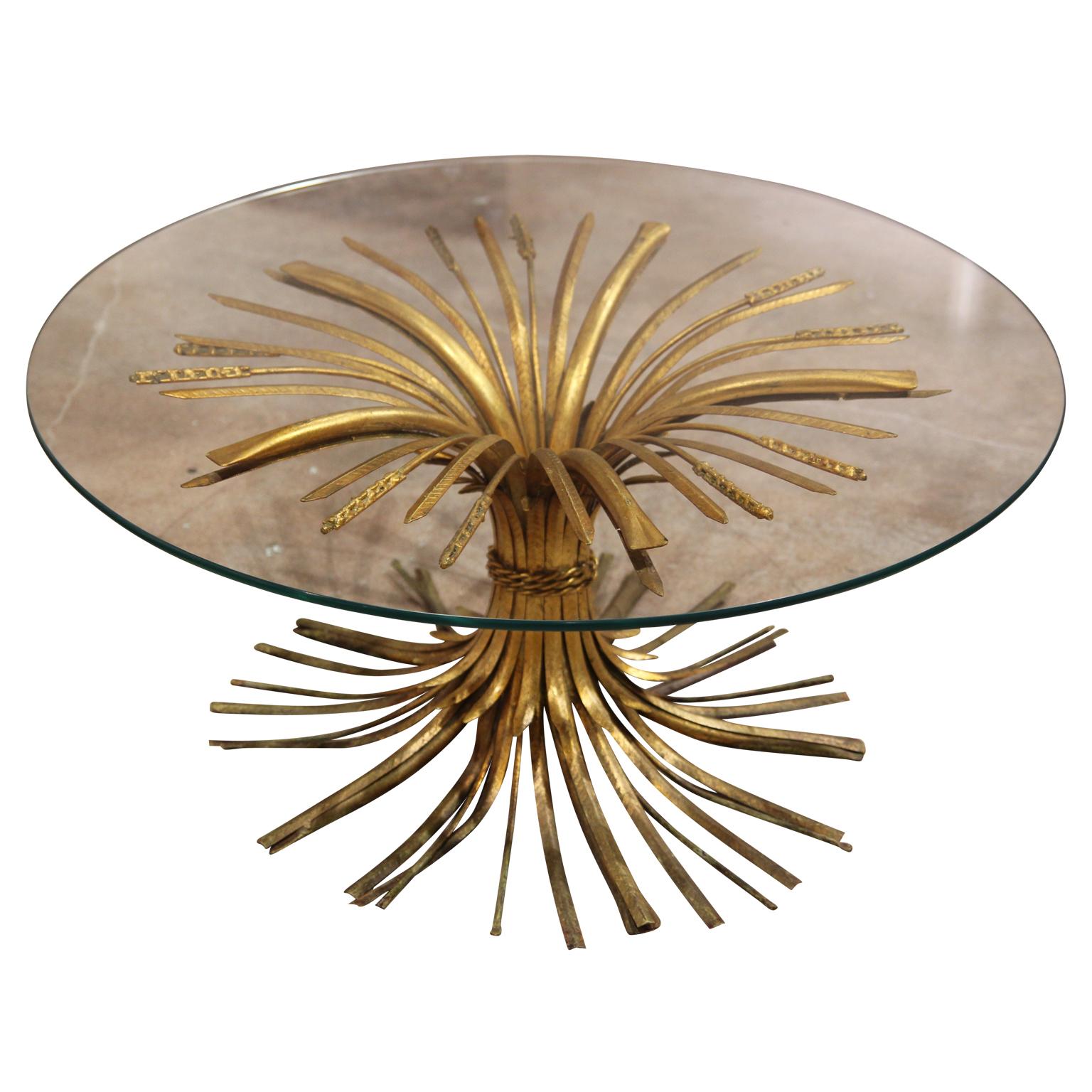 Hollywood Regency Italian Wheat Sheaf Side Table in Antique Gold Finish with Round Glass Top
