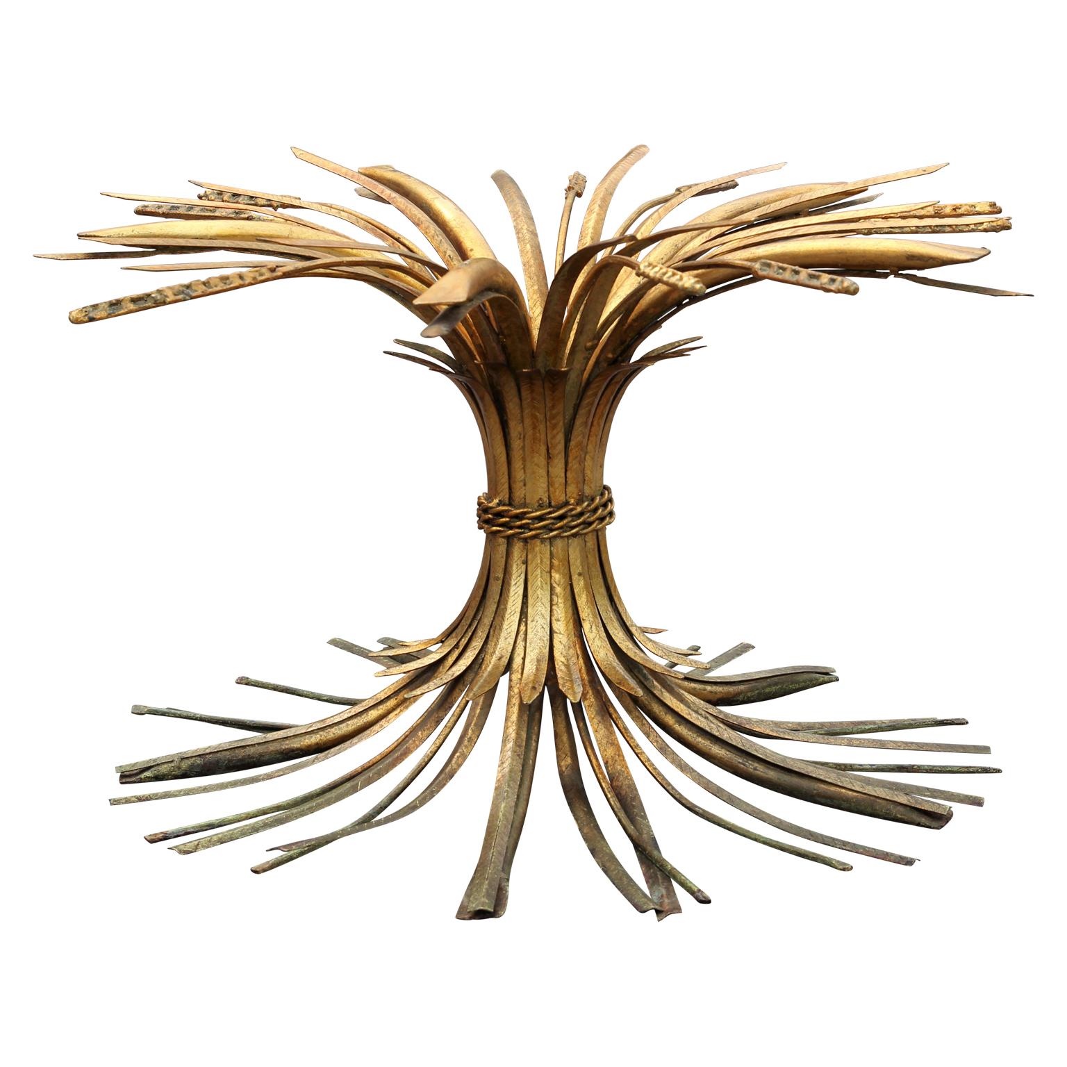 European Italian Wheat Sheaf Side Table in Antique Gold Finish with Round Glass Top