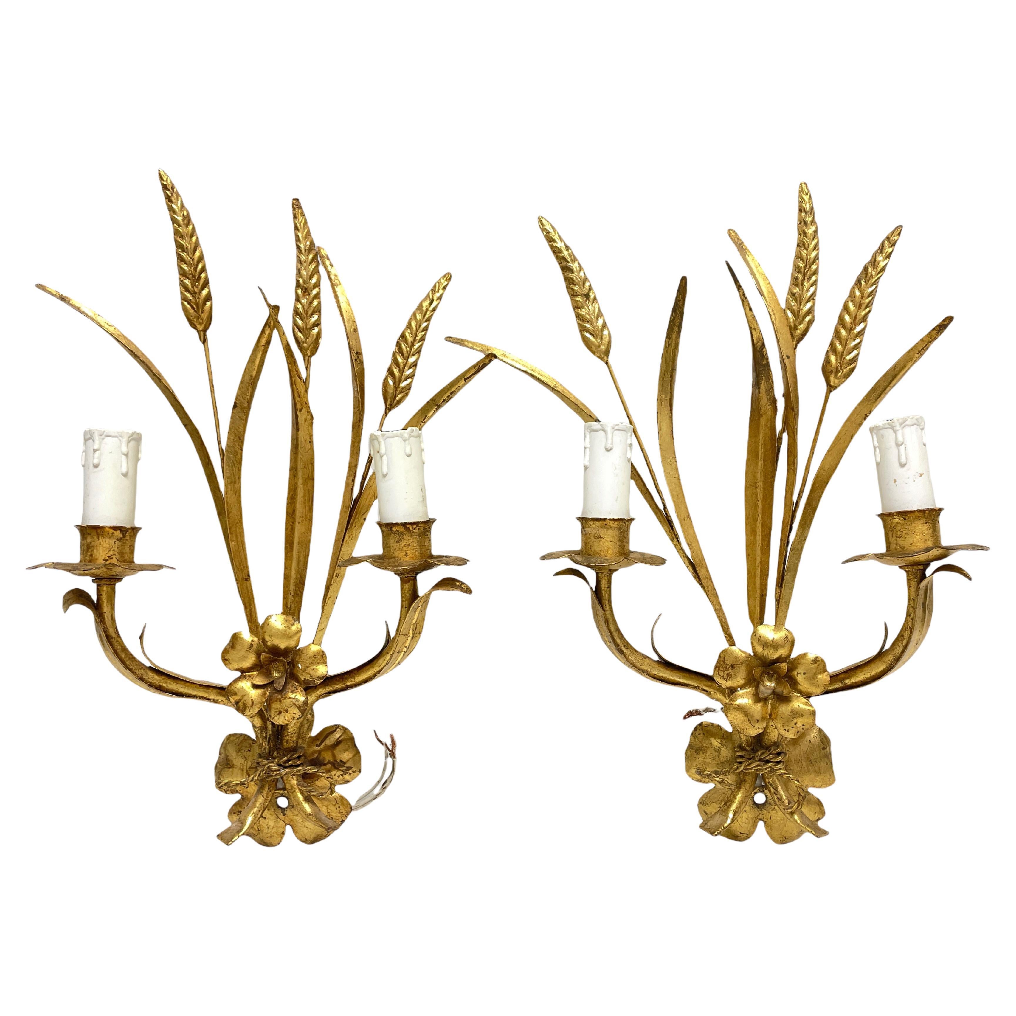 Italian Wheat Sheaf Two-Light Pair of Tole Sconces Gilded Metal, European, 1960s