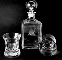 Italian Whiskey Bottle And Two Tumblers All With Fish Grindings