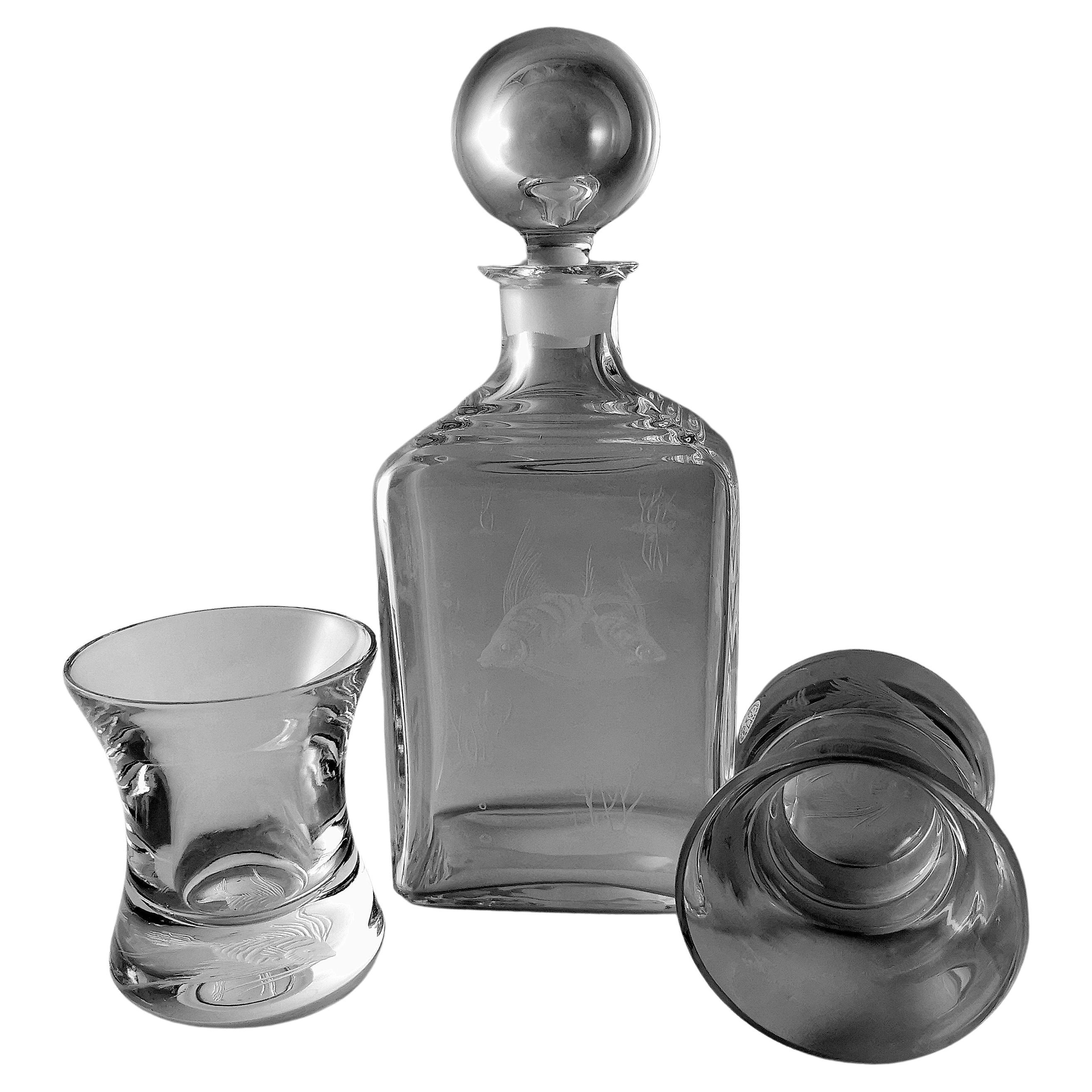 Italian Whiskey Bottle And Two Tumblers All With Fish Grindings