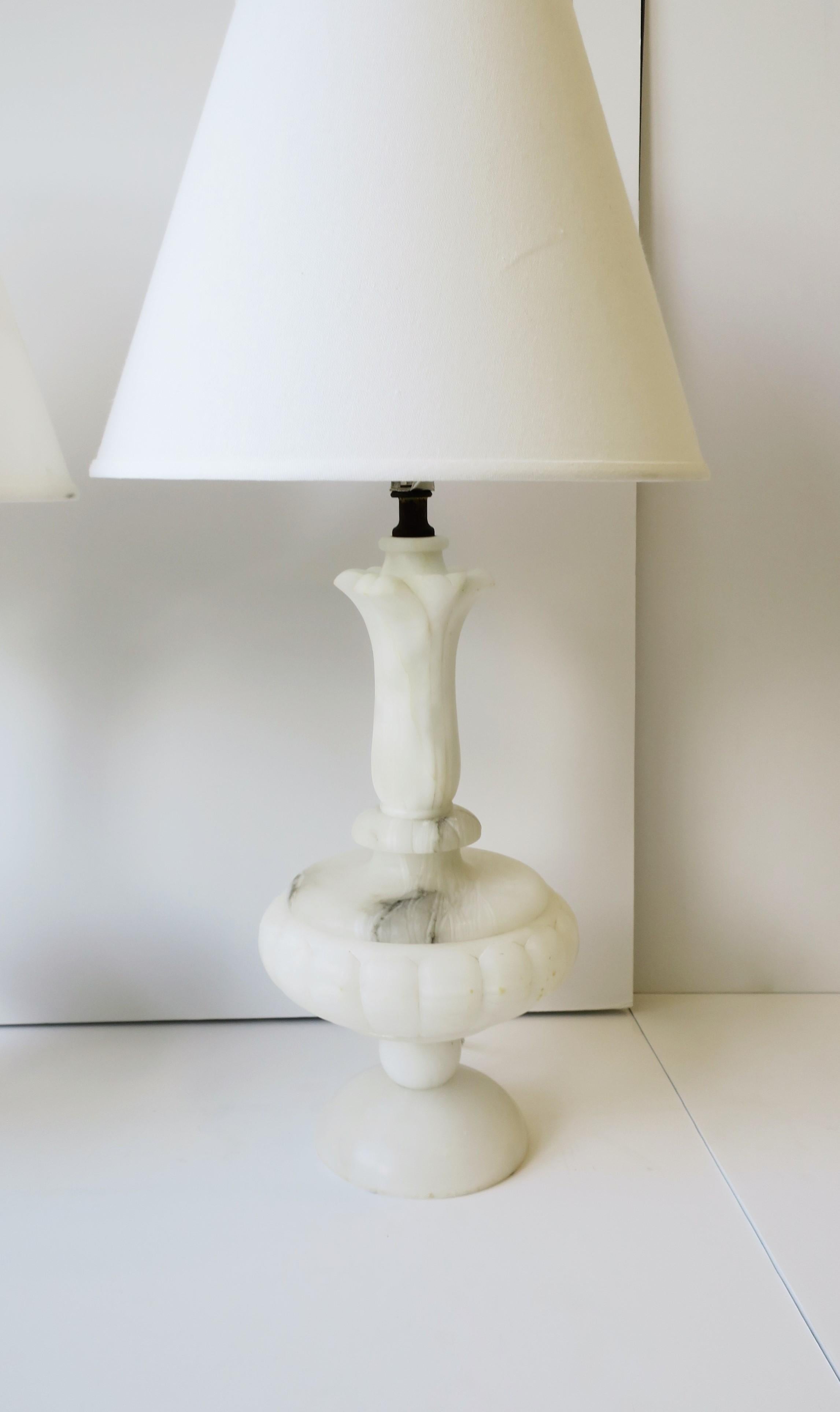 Carved Italian White Alabaster Marble Table Lamps, Pair