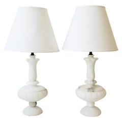 Vintage Italian White Alabaster Marble Table Lamps, Pair