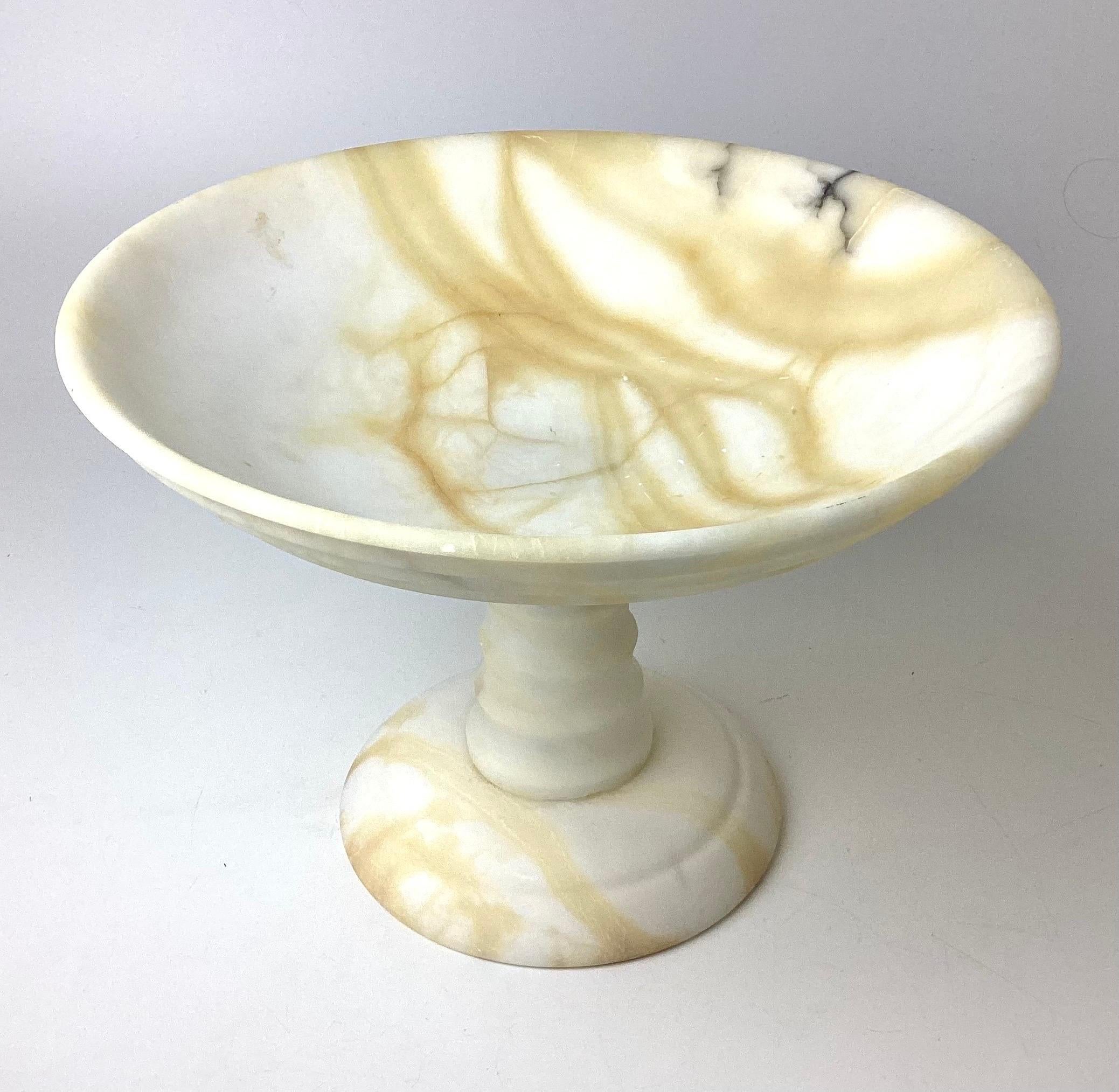 Italian white and brown Alabaster marble Tazza Compote bowl. Nicely carved neck. Made in 3 parts. 8 1/4