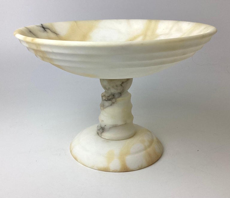 Italian White and Brown Alabaster Marble Tazza Compote Bowl For Sale at