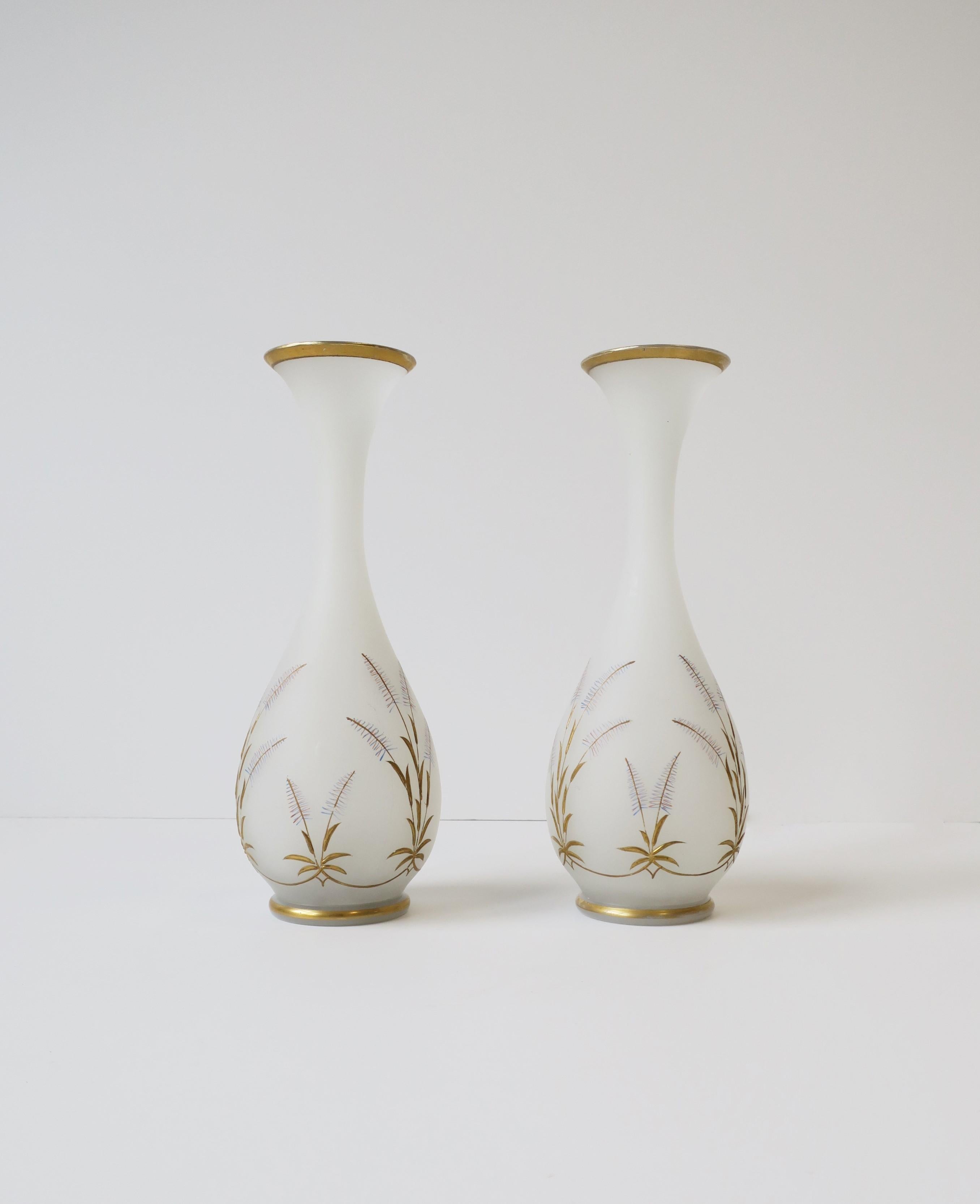 Italian White Opaline and Gold Art Glass Vases with Sheef-of-Wheat Design, Pair 1