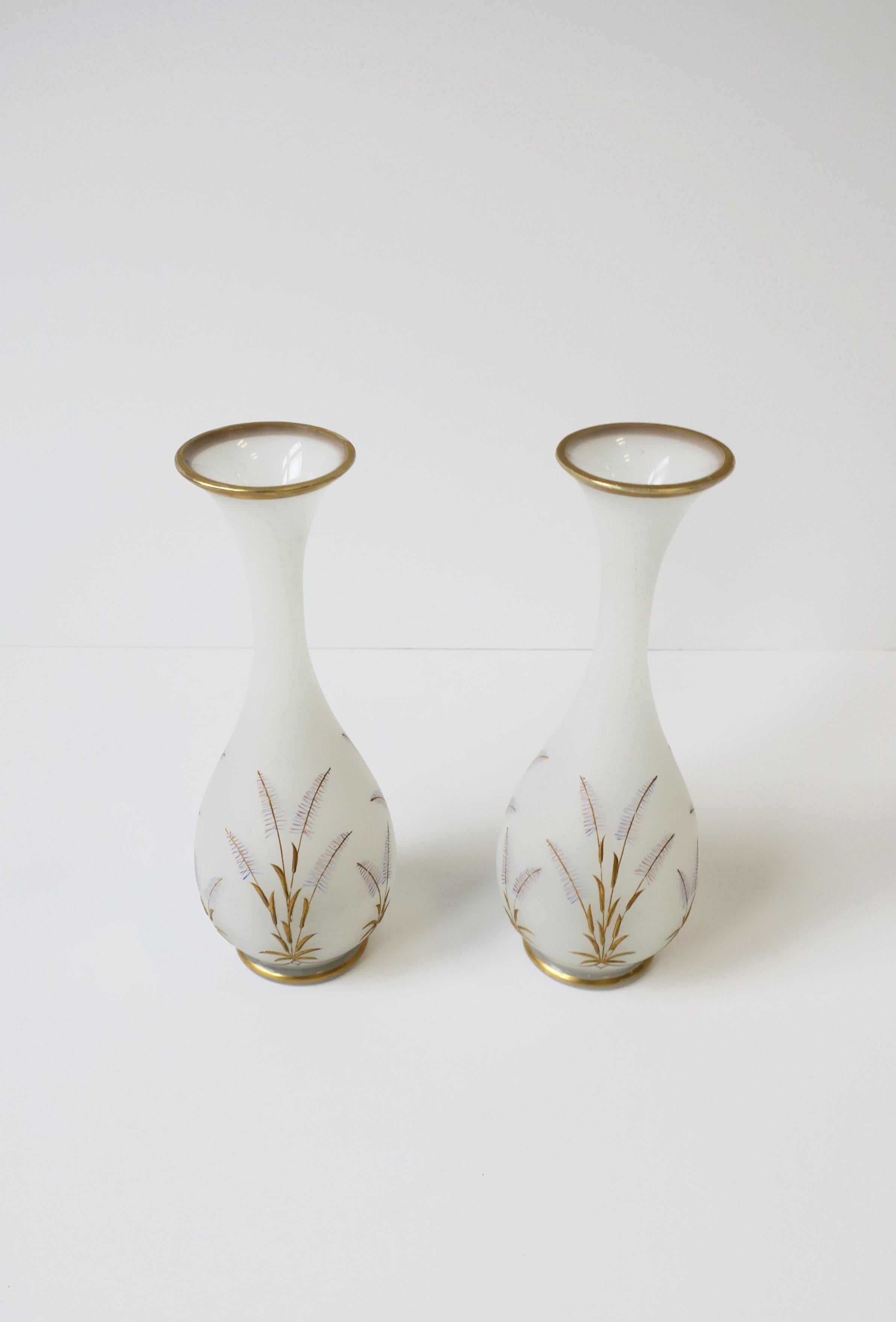 Italian White Opaline and Gold Art Glass Vases with Sheef-of-Wheat Design, Pair 6