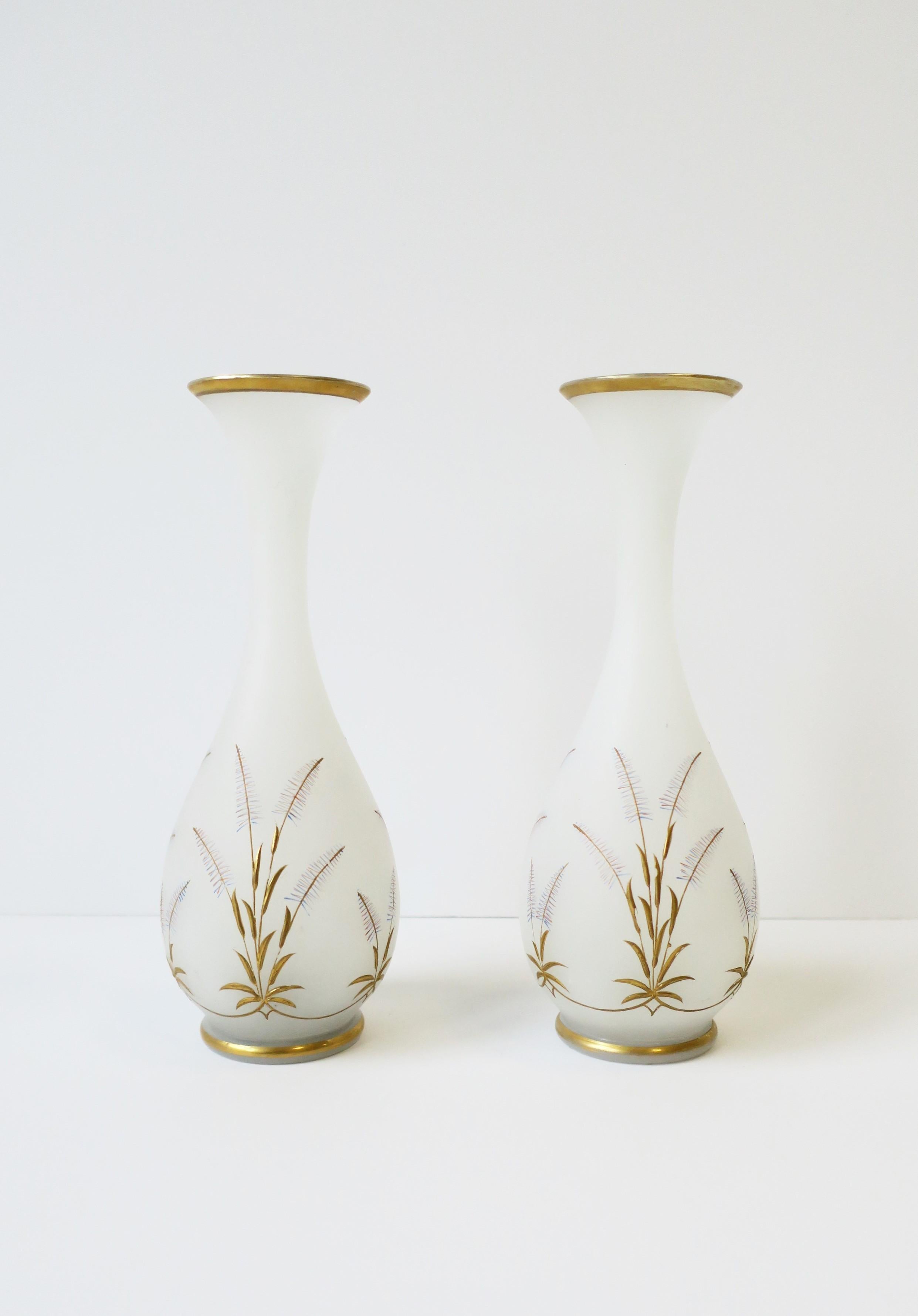 Opaline Glass Italian White Opaline and Gold Art Glass Vases with Sheef-of-Wheat Design, Pair