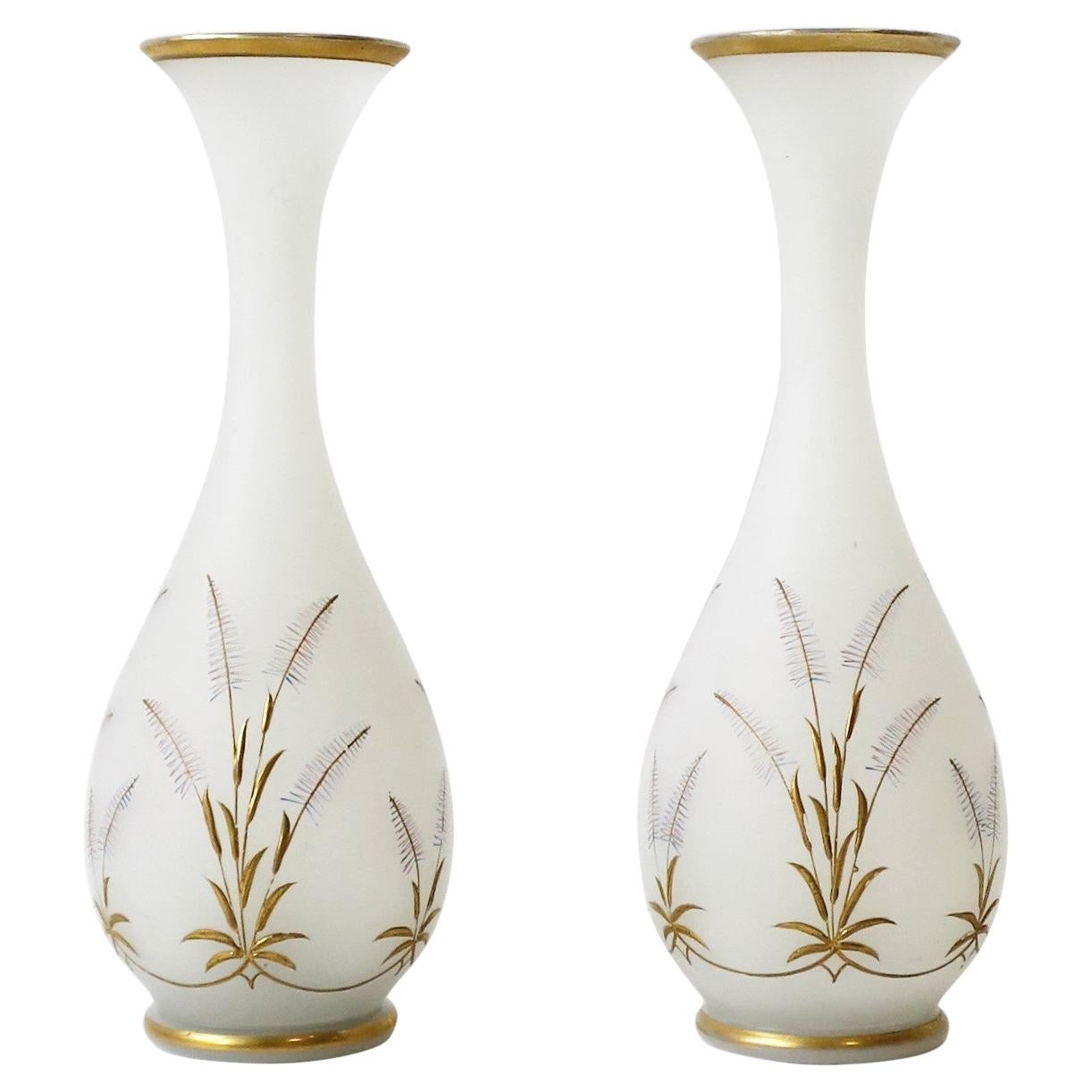 Italian White Opaline and Gold Art Glass Vases with Sheef-of-Wheat Design, Pair