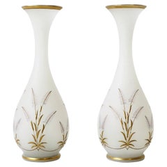 Italian White Opaline and Gold Art Glass Vases with Sheef-of-Wheat Design, Pair