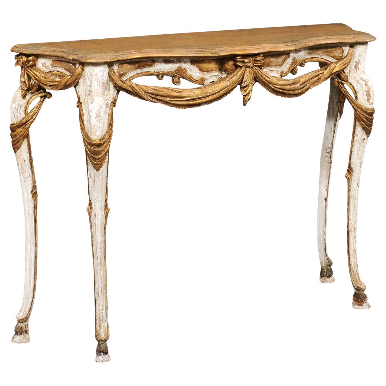 Italian White and Gold Painted Console Table w/ Lovely Swag Carved Skirt