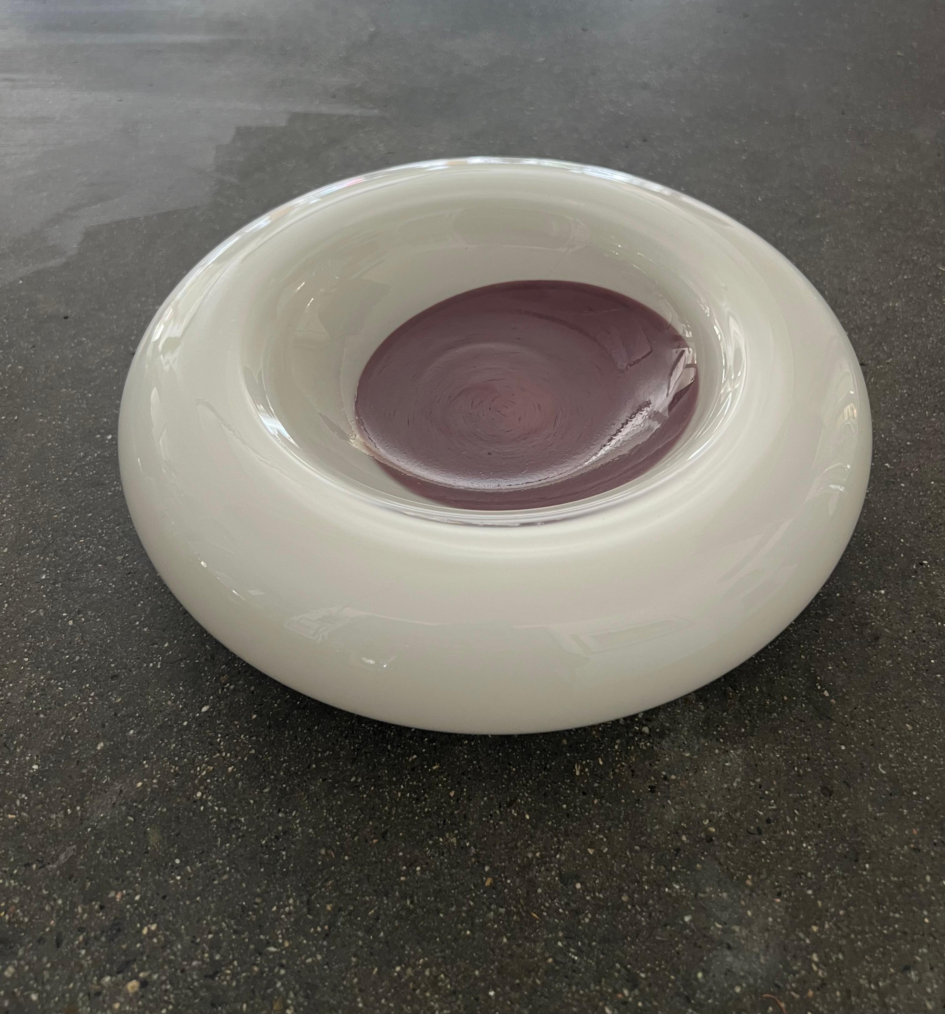 Hand-Crafted Italian White and Purple Murano Glass Bowl by Tommaso Barbi