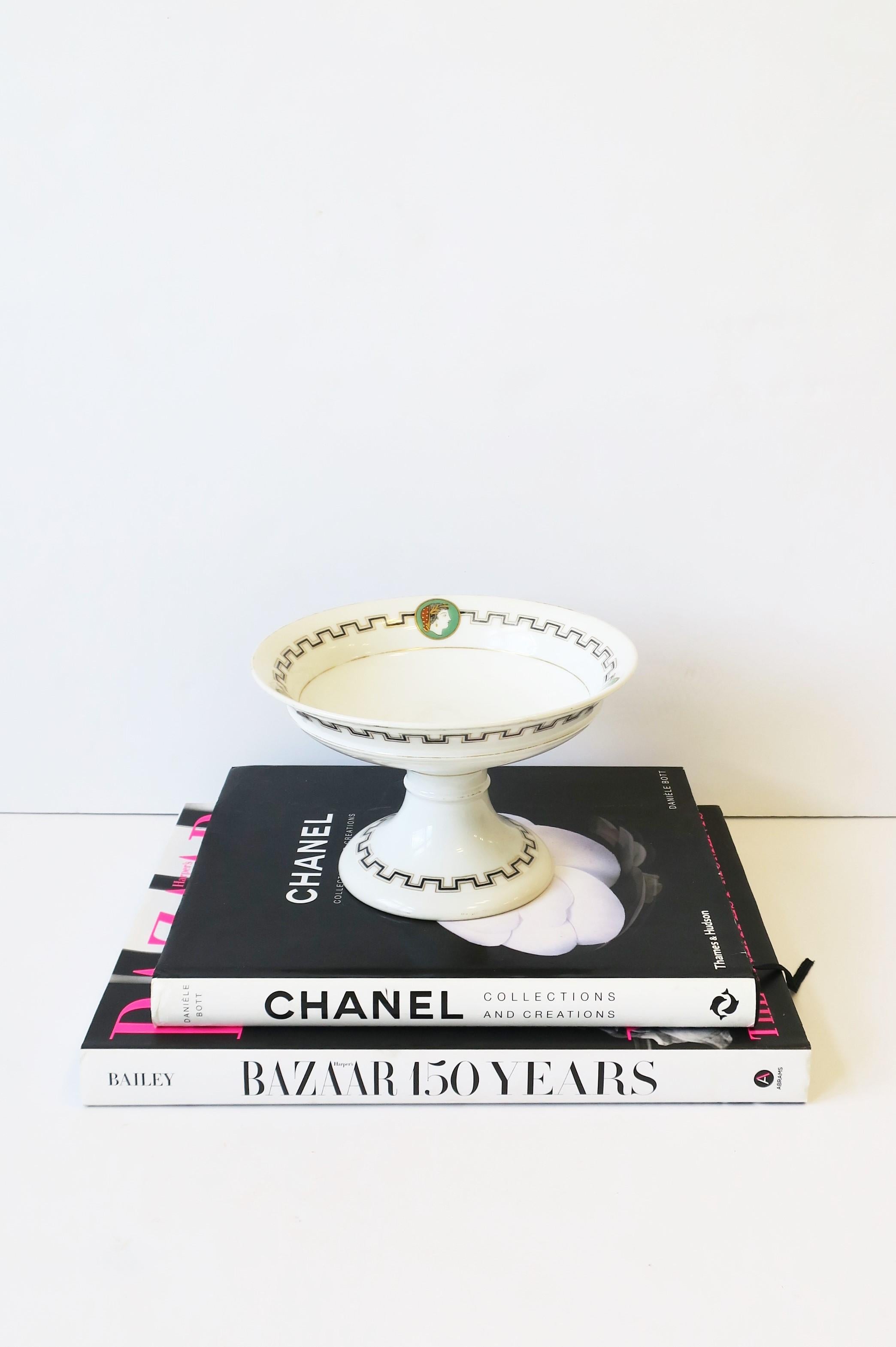 Glazed Italian White Black and Gold Tazza or Compote Bowl with Greek-Key Design