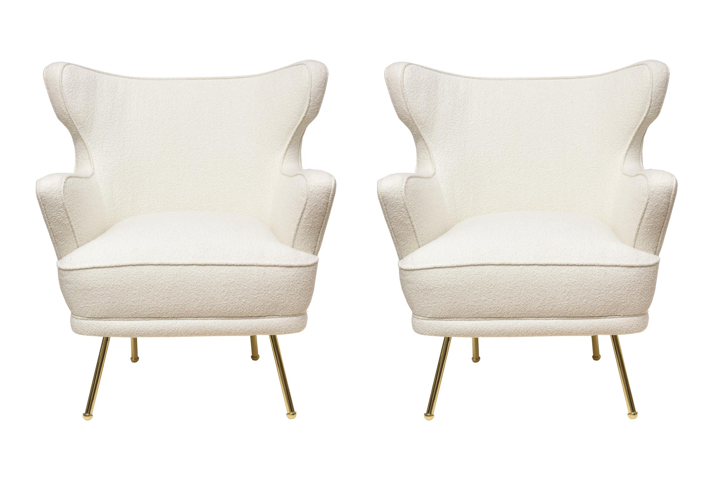 These beyond stunning vintage 1940's fully restored Italian side chairs are like mini Zanuso's with sculptural forms. Their original legs were now gloriously re brass plated. The new chic white boucle upholstery fabric and all new insides make for