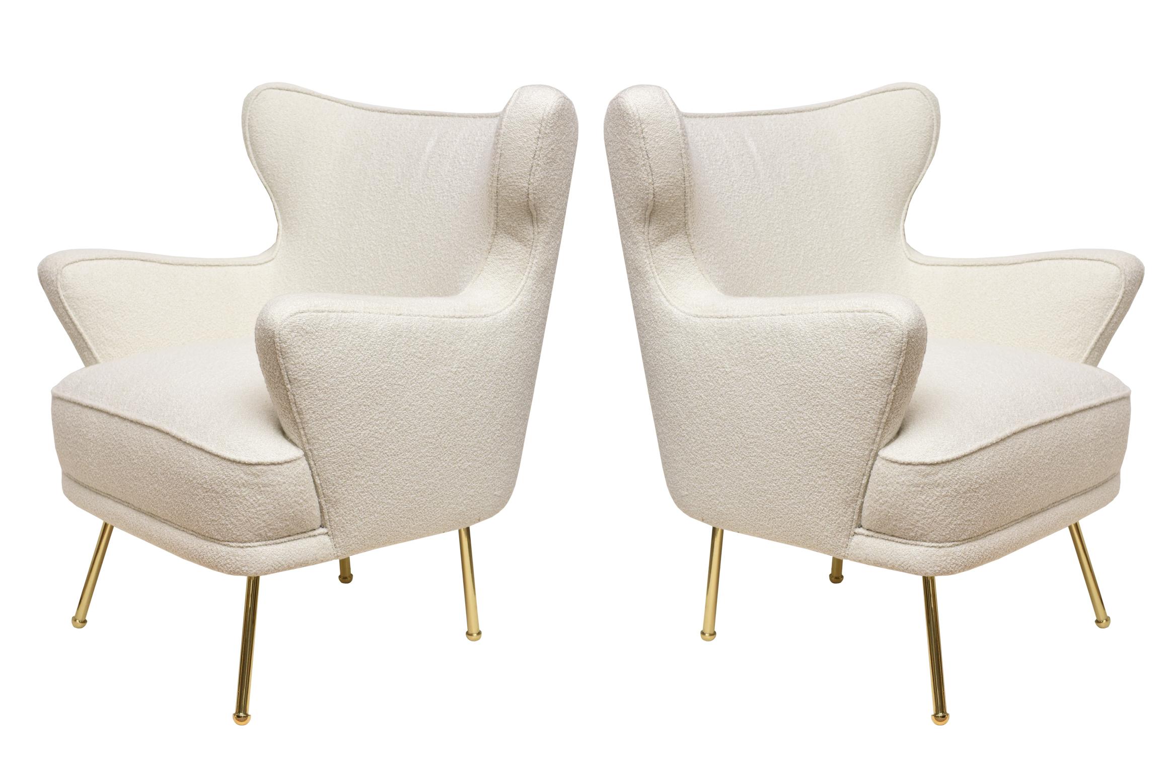 Mid-Century Modern Italian White Boucle and Brass Plated Sculptural Side Chairs Pair of Vintage
