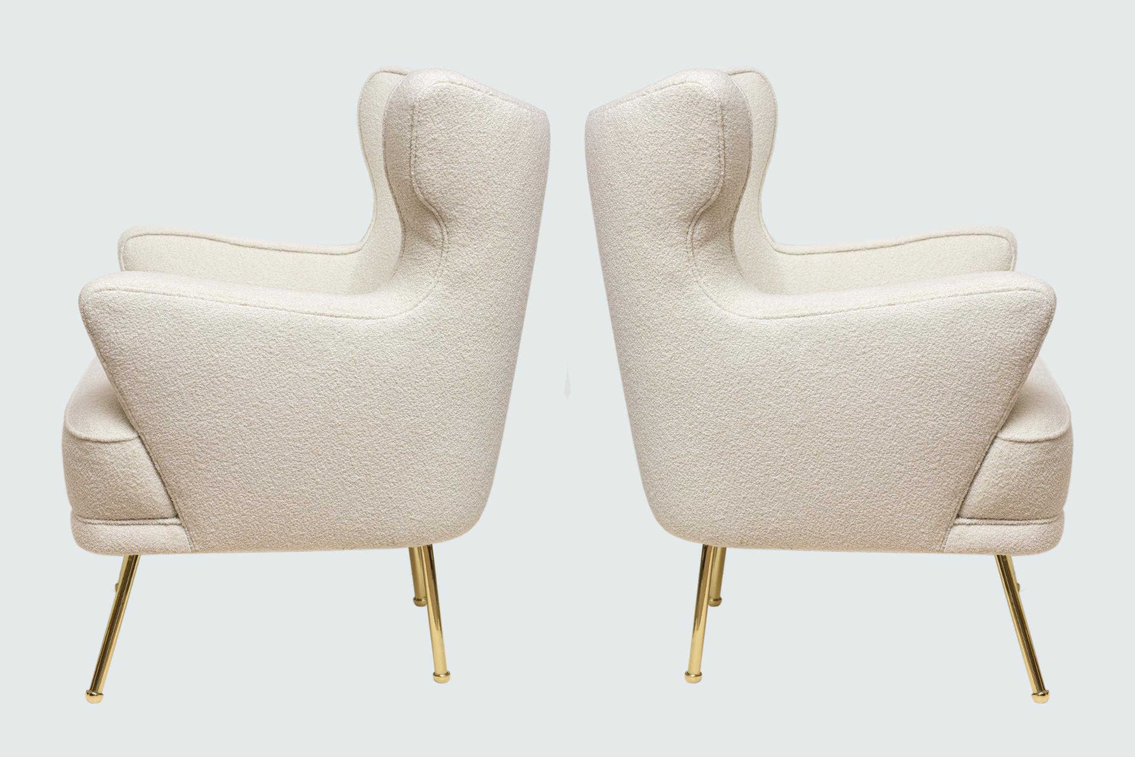 Italian White Boucle and Brass Plated Sculptural Side Chairs Pair of Vintage In Excellent Condition In North Miami, FL
