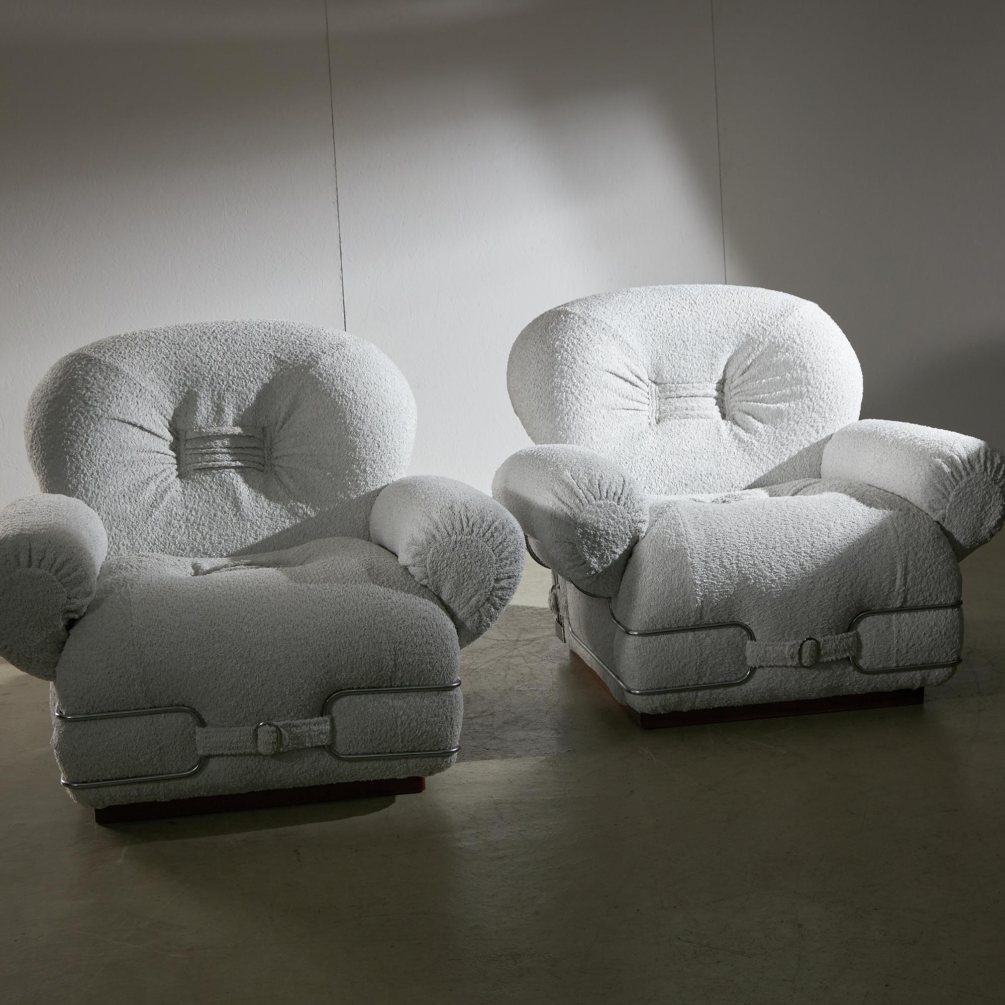 Late 20th Century Italian White Bouclé Armchair with Chrome Accents For Sale