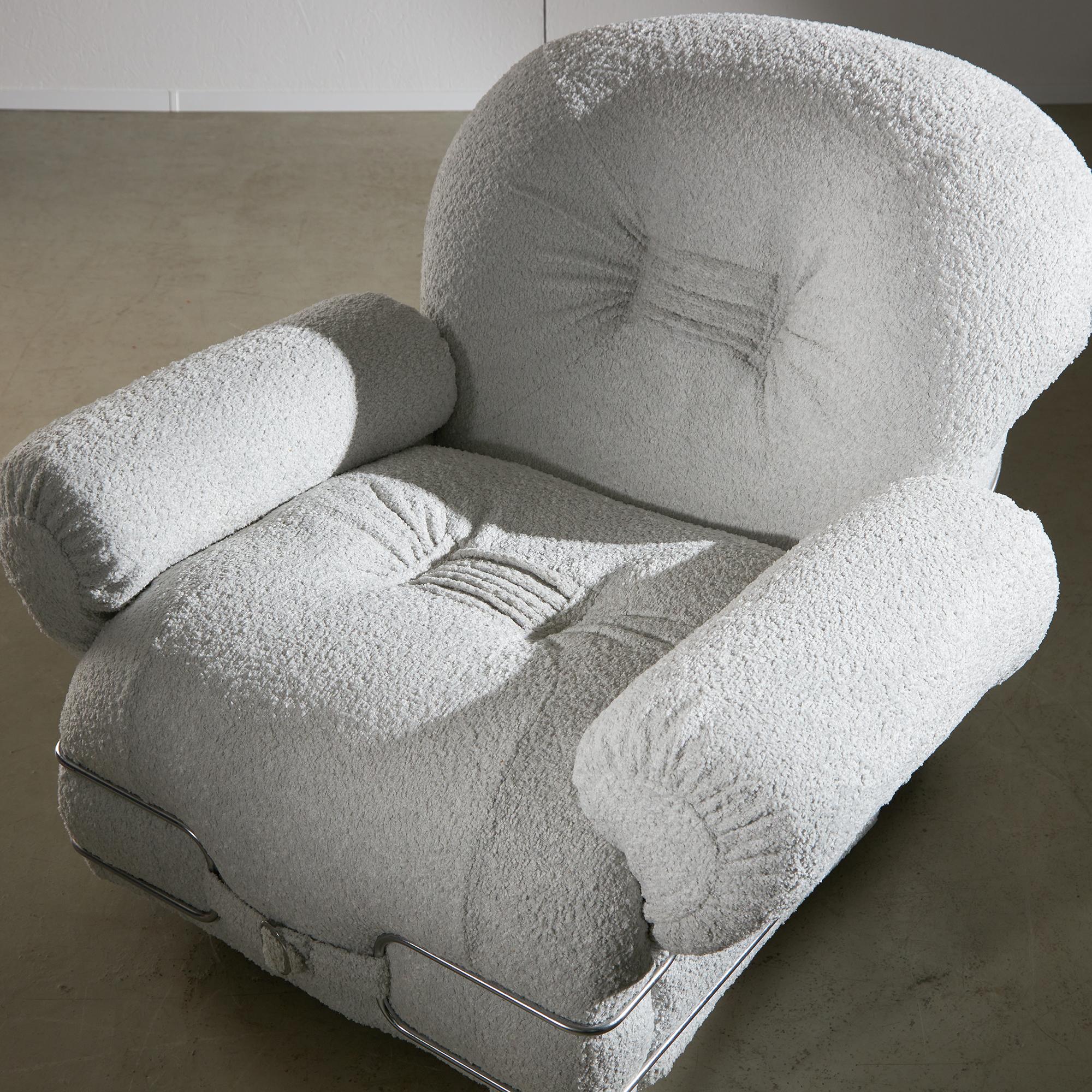 Italian White Bouclé Armchair with Chrome Accents For Sale 1