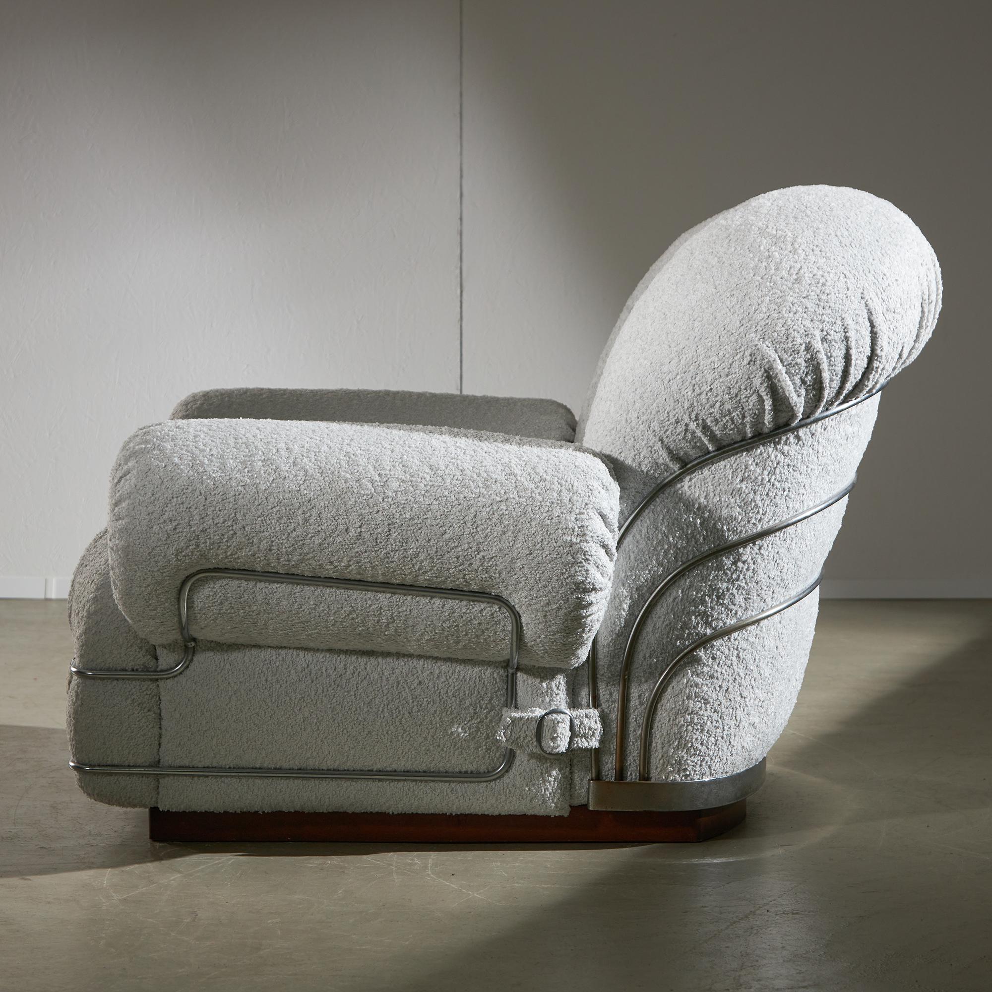 Italian White Bouclé Armchair with Chrome Accents For Sale 3