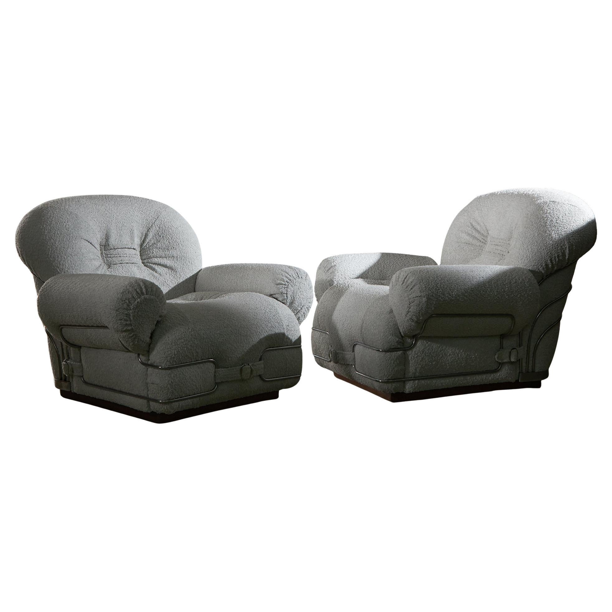 Elevate your space with this stunning Italian white bouclé armchair, designed to combine comfort with chic sophistication. The armchair features a unique chrome accent that elegantly hugs the chair like a stylish belt, adding a playful touch to its