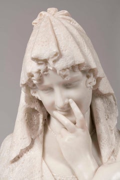 Italian White Carrara Marble Bust of a Shy Maiden by Lapini, 1896