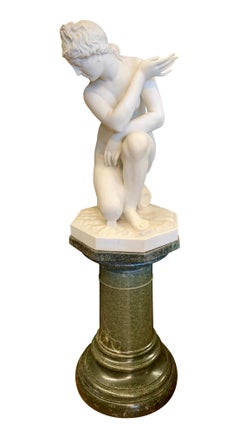 19th Century Marble Figure of 'the Crouching Venus' on Pedestal