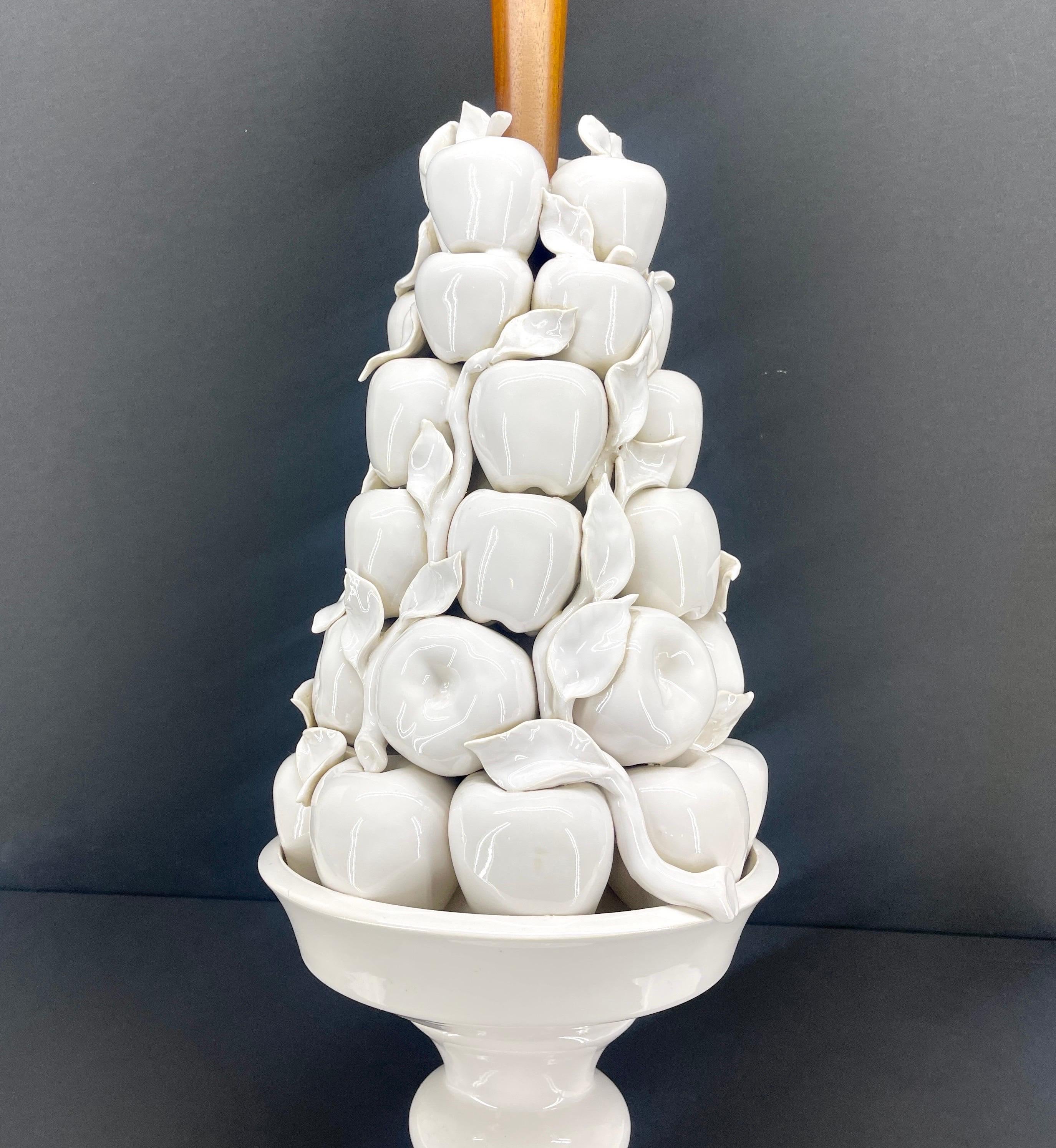 Italian White Ceramic Apple Topiary Table Lamp on Wood Base Mid-Century Modern 5