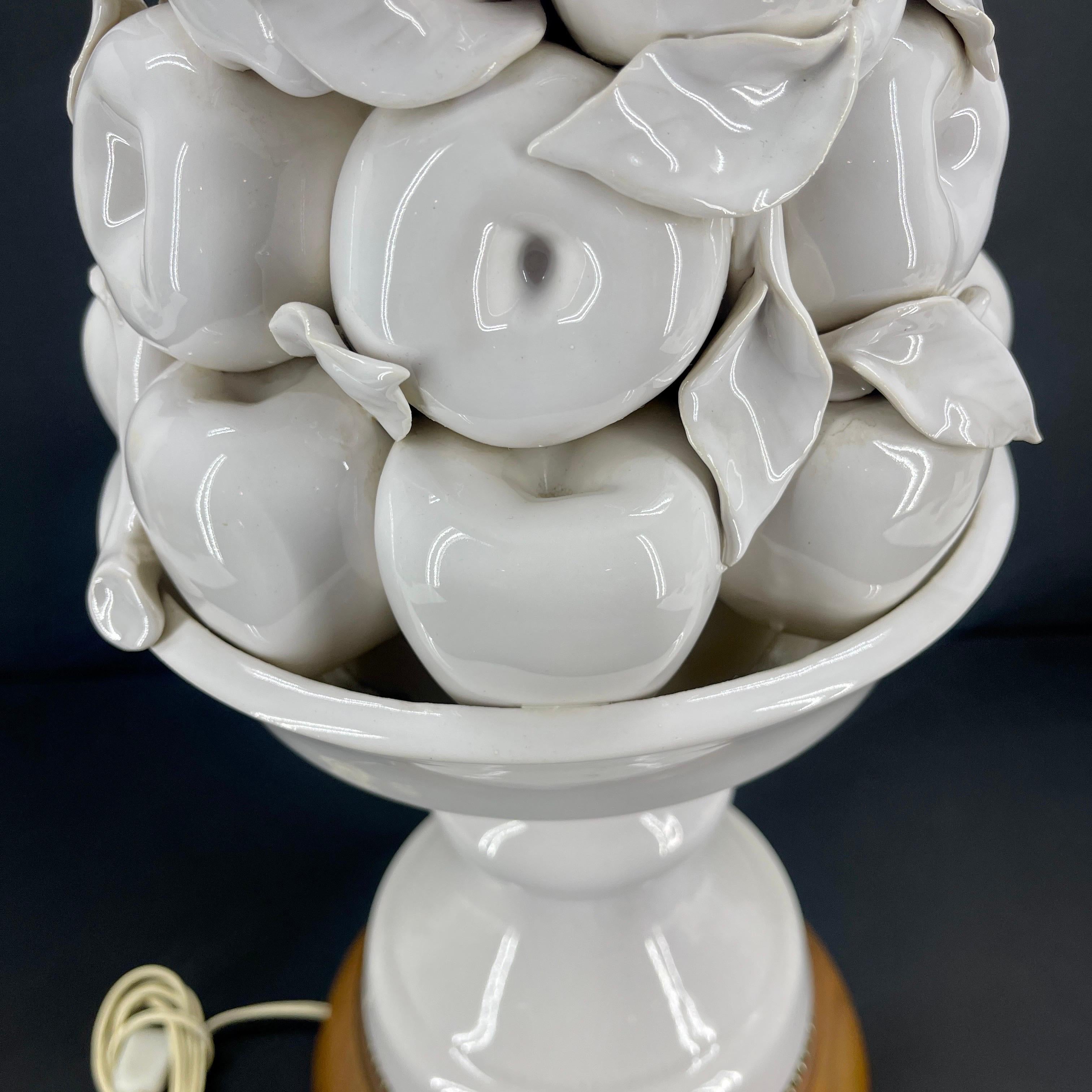 Italian White Ceramic Apple Topiary Table Lamp on Wood Base Mid-Century Modern 7