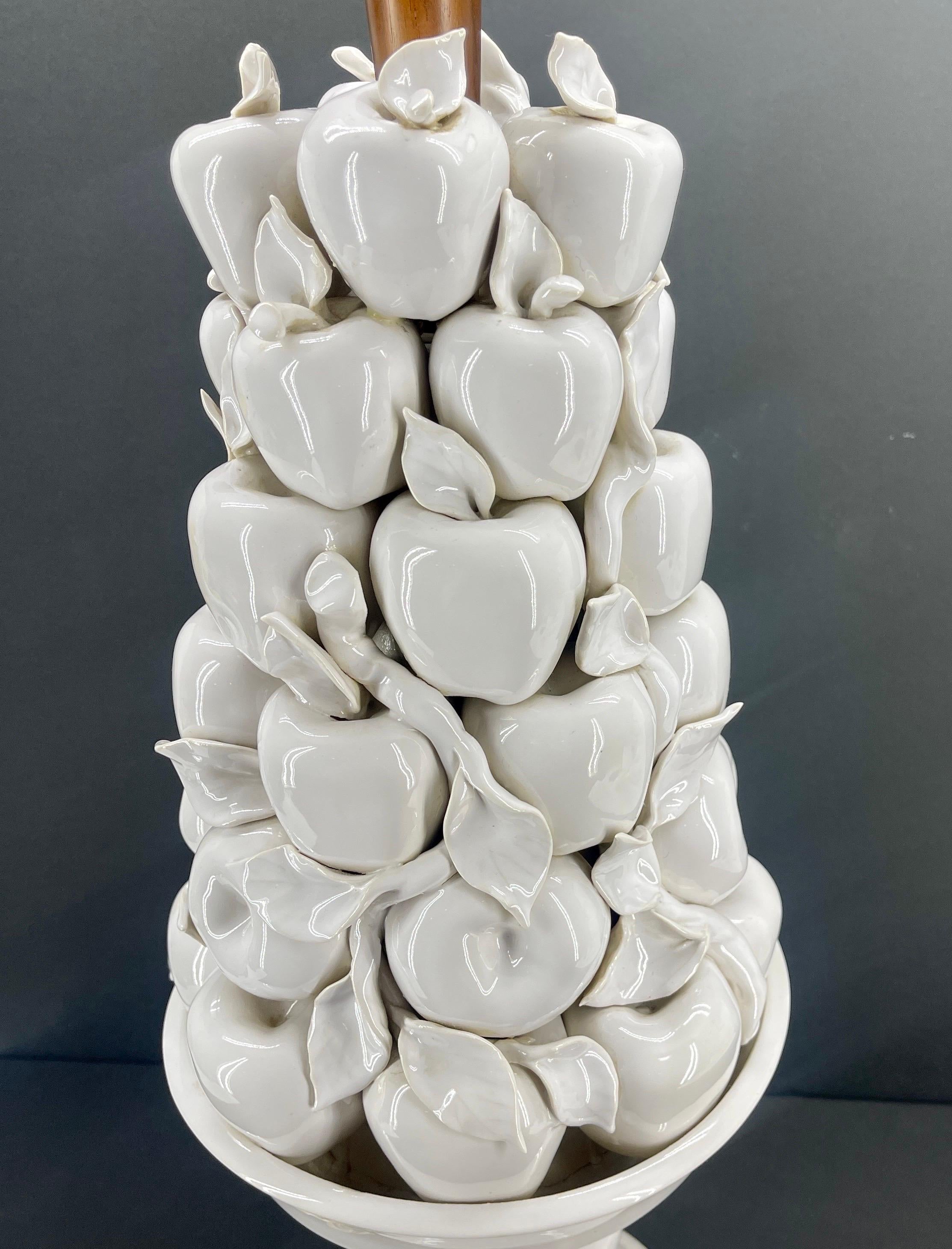 Italian White Ceramic Apple Topiary Table Lamp on Wood Base Mid-Century Modern 9